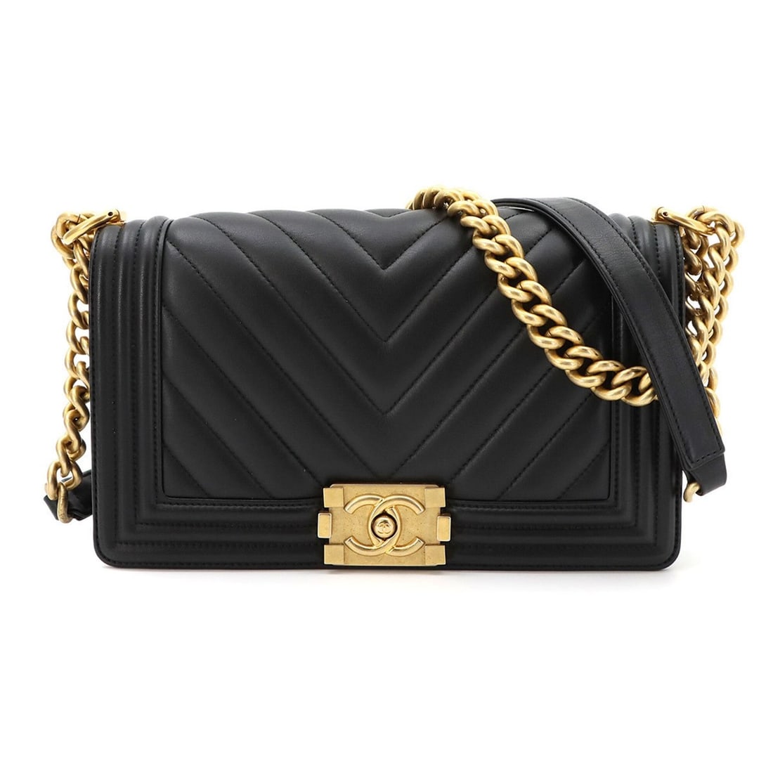 Chanel Boy Chain Shoulder Handbag, Leather, Black, A67086, Chevron V-stitch, Gold Hardware (1 of 10)