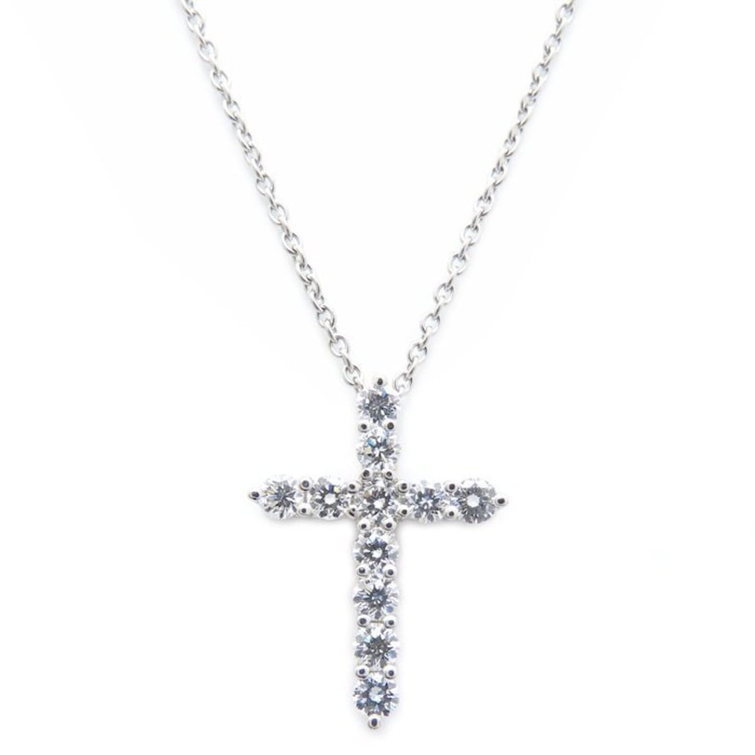 TIFFANY&Co. Tiffany Cross Necklace with 11 Diamonds, Platinum 950, Women's, Item Number 295498: --- Catalog ---Category: SizePendant Size: 18.2mm x 13.3mm / 0.71'' x 0.52''Neck Circumference: 41 cm / 16.14''Category: DesignStone: DiamondGender: WomenMaterial: Platinum 950Necklace Type: NecklaceC