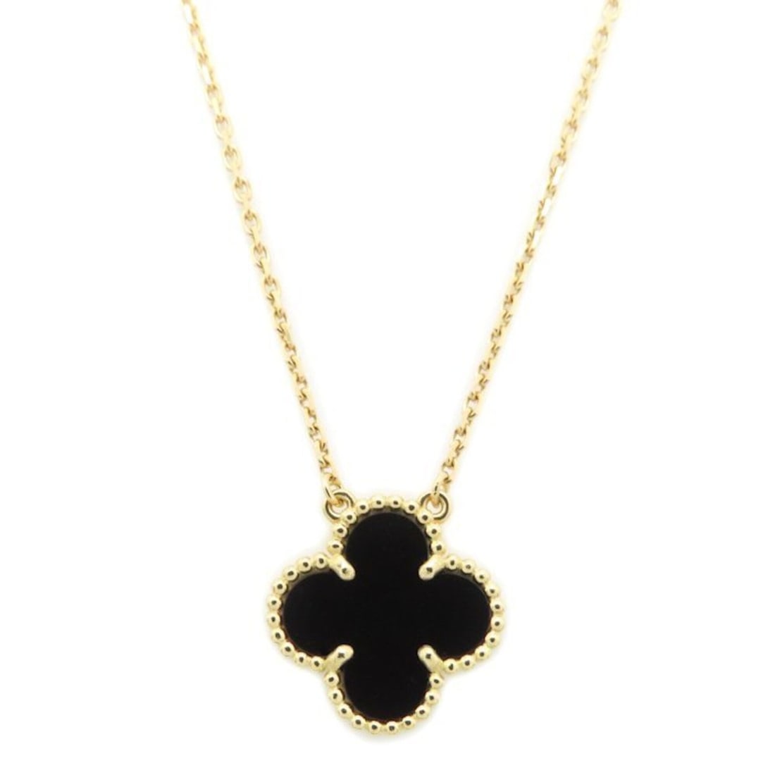 Van Cleef & Arpels Vintage Alhambra Necklace, Onyx, 18K Yellow Gold, Women's, VCARA45800 295524: --- Catalog ---Category: SizePendant Size: 14.9mm x 14.9mm / 0.58'' x 0.58''Neck Circumference: 37 cm - 41.5 cm / 14.56'' - 16.33''Category: DesignStone: OnyxGender: WomenMaterial: Yellow gold