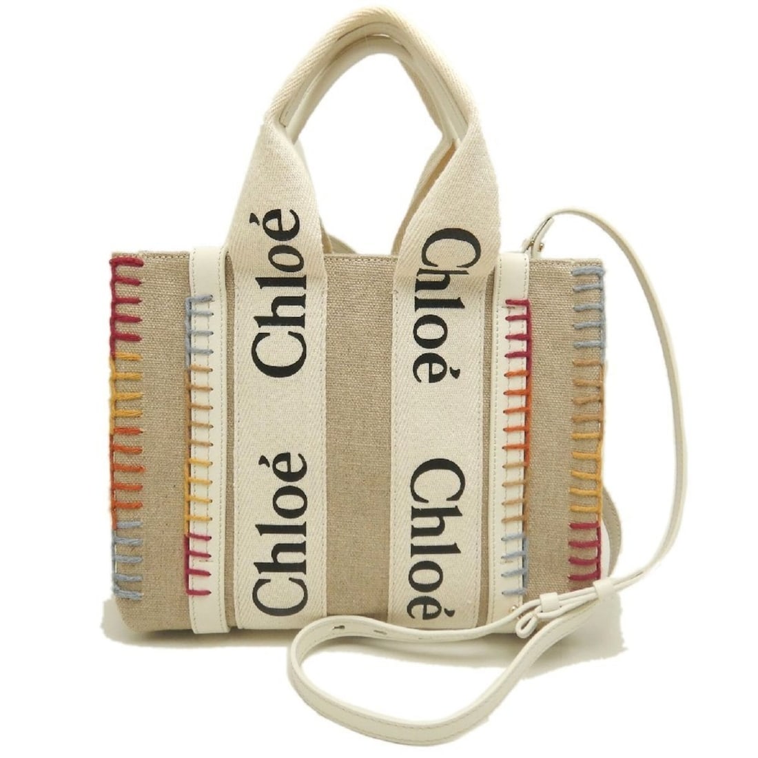 Chloé Chloe Woody Small Tote Bag CHC22AS397H74101 Linen x Calfskin White Women's 253831 (1 of 19)