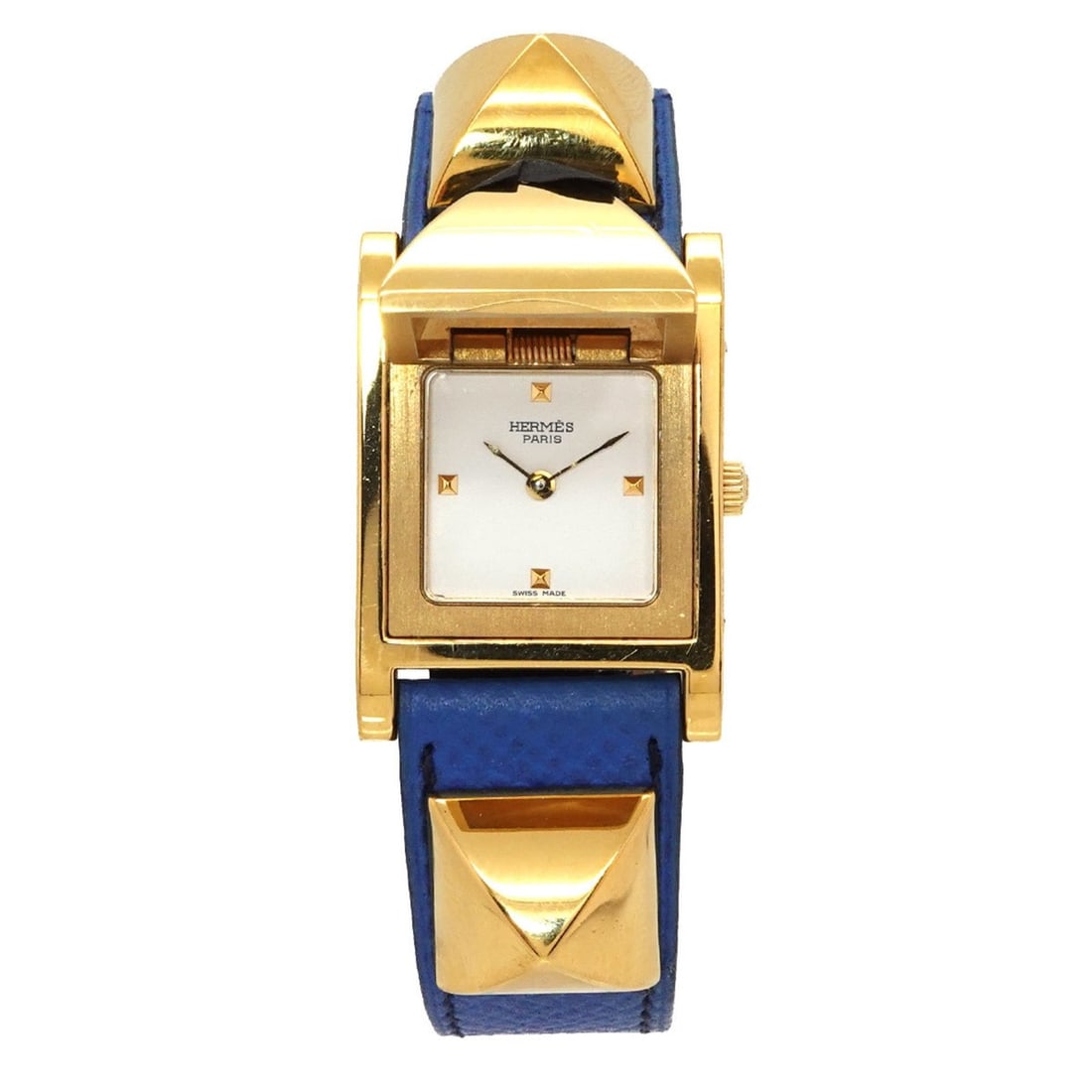 Hermes Medor Women's Watch, Pyramid Design, Gold Studs, White and Blue Leather Strap, Quartz: --- Catalog ---Category: SizeWrist Size: 13.5cm - 16cm / 5.31'' - 6.29''Case Diameter: 23mm / 0.91''Category: DesignType: WristwatchGender: WomenColor (Dial): WhiteMaterial (Band): Gold plated, Leathe