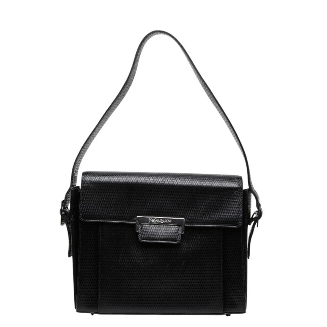 Saint Laurent embossed one-shoulder bag, black leather, women's.: --- Catalog ---Category: SizeHandle Drop: 23.50cm / 9.25''Size (HxWxD): 24cm x 27.5cm x 8.5cm / 9.44'' x 10.82'' x 3.34''Category: DesignType: Shoulder bagColor: BlackGender: WomenClosure: MagnetMater