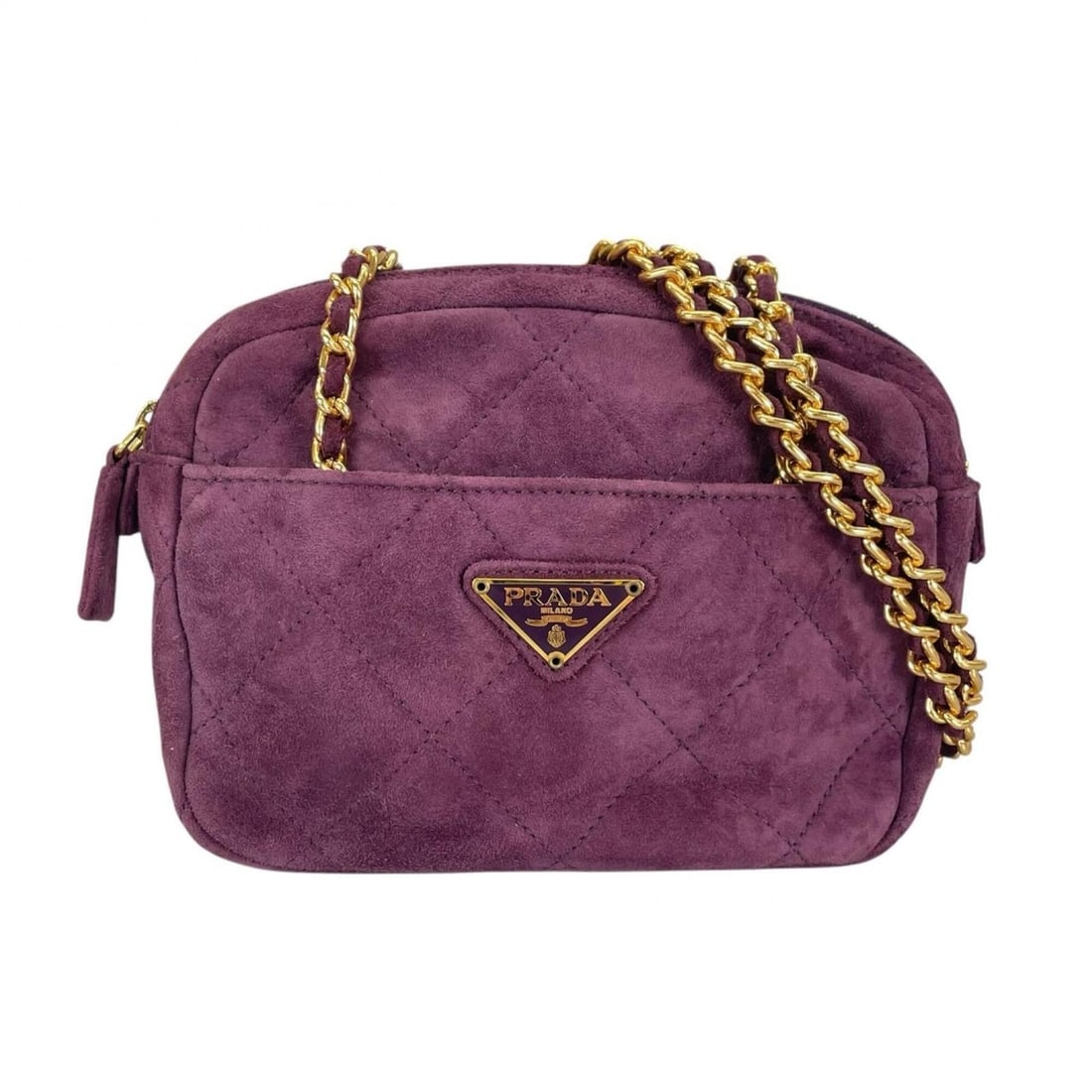 PRADA Prada Triangle Logo Shoulder Bag Suede Purple Women's: --- Catalog ---Category: SizeSize (HxWxD): 15cm x 18cm x 6cm / 5.9'' x 7.08'' x 2.36''Category: DesignType: Shoulder bagColor: PurpleGender: WomenMaterial: Suede Hardware Color: GoldCategory: GeneralB