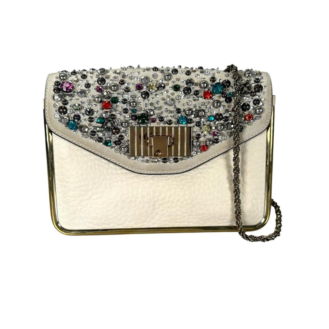 Chloé Chloe bejeweled shoulder bag, leather, beige, women's.: --- Catalog ---Category: SizeSize (HxWxD): 17cm x 23cm x 7cm / 6.69'' x 9.05'' x 2.75''Strap Length: 103cm / 40.55''Category: DesignType: Shoulder bagColor: BeigeGender: WomenClosure: Turn lockMateria