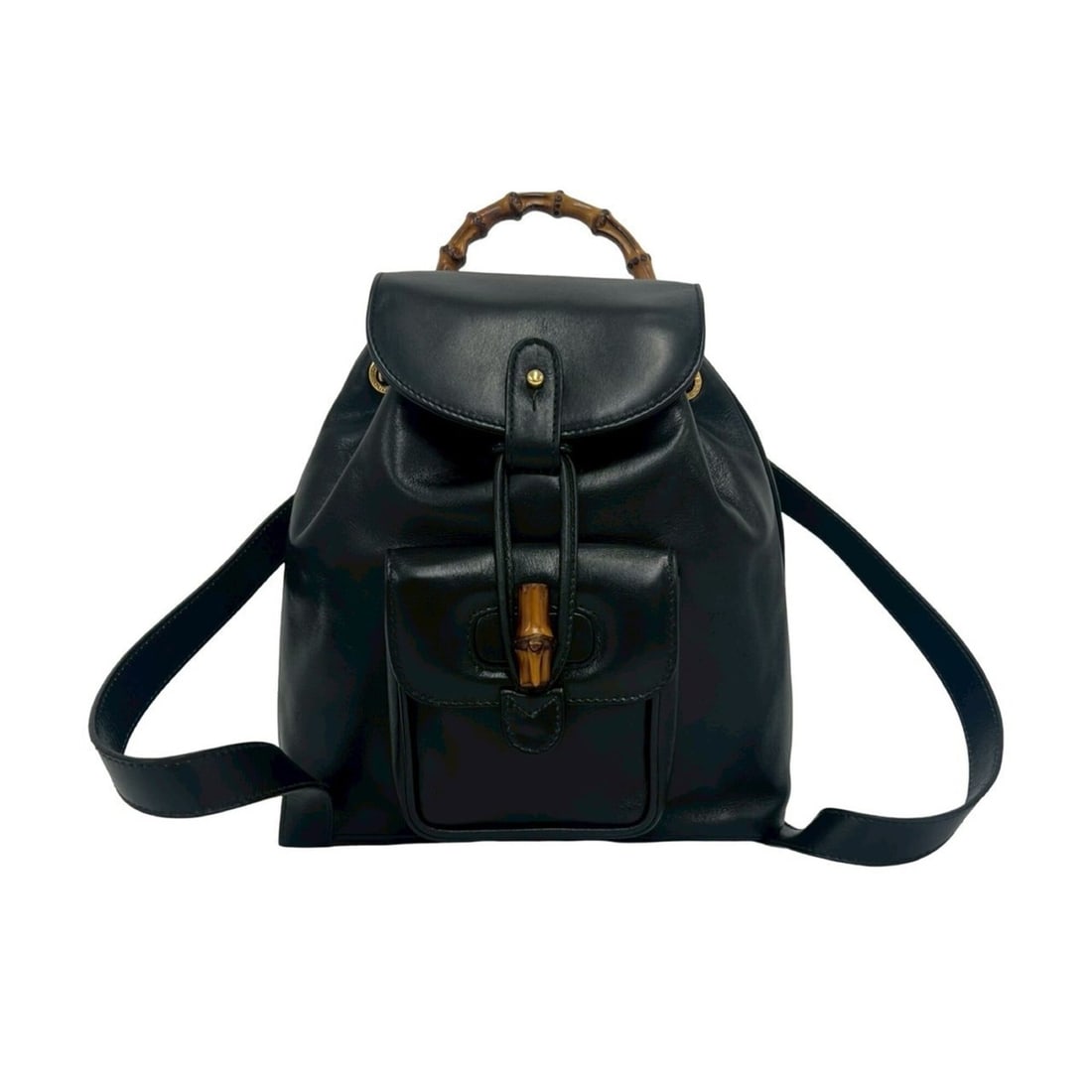 GUCCI Vintage Bamboo Leather Mini Backpack/Daypack (Black) - Item No. 27385: --- Catalog ---Category: SizeSize (HxWxD): 24cm x 21cm x 6.5cm / 9.44'' x 8.26'' x 2.55''Category: DesignType: BackpackColor: BlackGender: WomenMaterial: Leather Category: GeneralBrand: Gucci--- Item 
