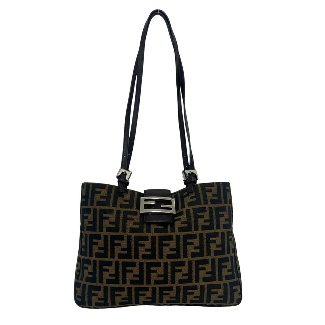 FENDI Zucca FF pattern logo metal hardware canvas leather genuine tote bag semi shoulder brown 32945: --- Catalog ---Category: SizeSize (HxWxD): 21cm x 29cm x 4cm / 8.26'' x 11.41'' x 1.57''Category: DesignType: Shoulder bag, Tote bagColor: Black, BrownGender: WomenMaterial: Canvas , Leather Category:
