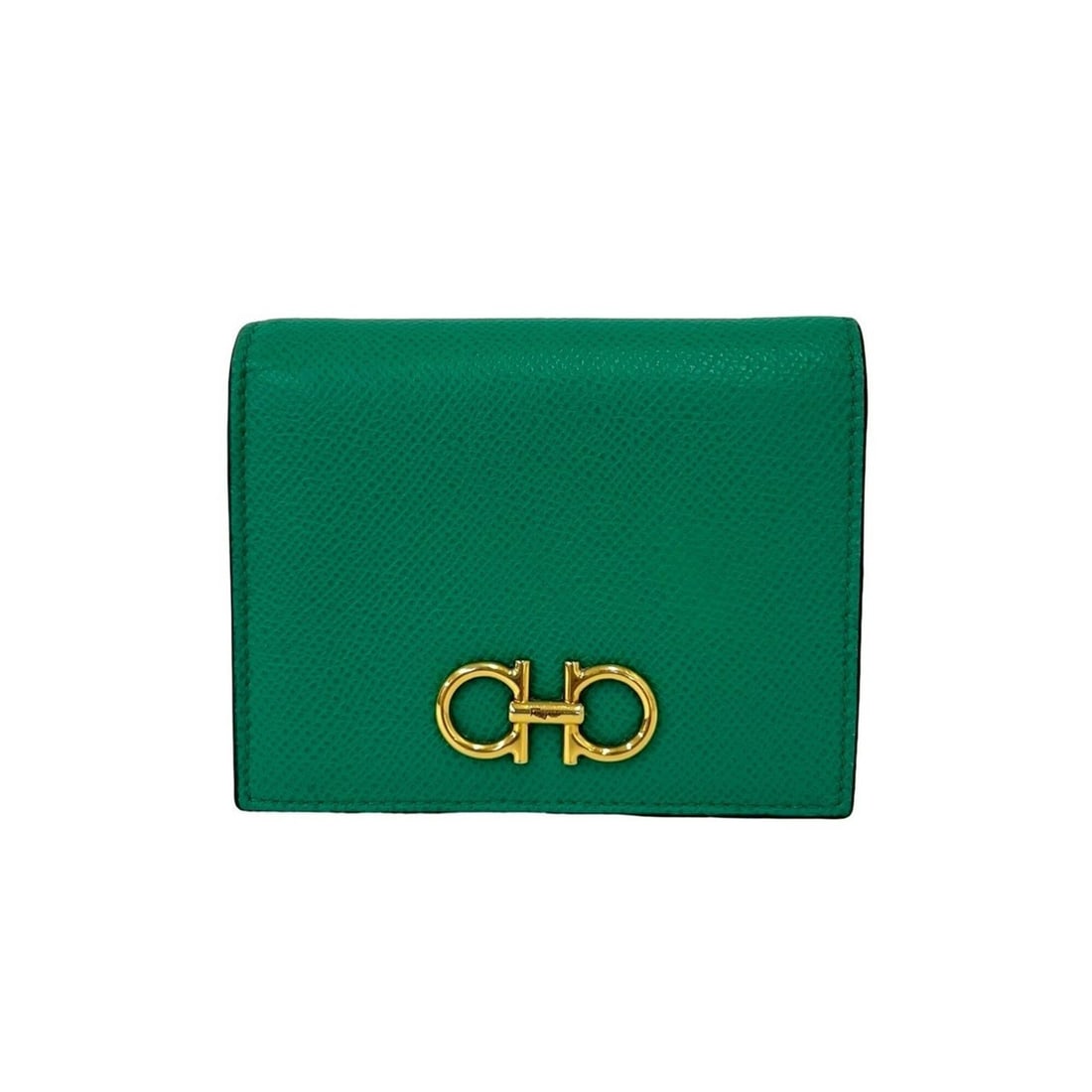 Salvatore Ferragamo Gancini Logo Hardware Leather Bi-fold Wallet Green 70123: --- Catalog ---Category: SizeSize (HxWxD): 9cm x 11.5cm x 2cm / 3.54'' x 4.52'' x 0.78''Category: DesignType: Wallet (bi-fold)Color: GreenGender: WomenMaterial: Leather Category: GeneralBrand: Salvato