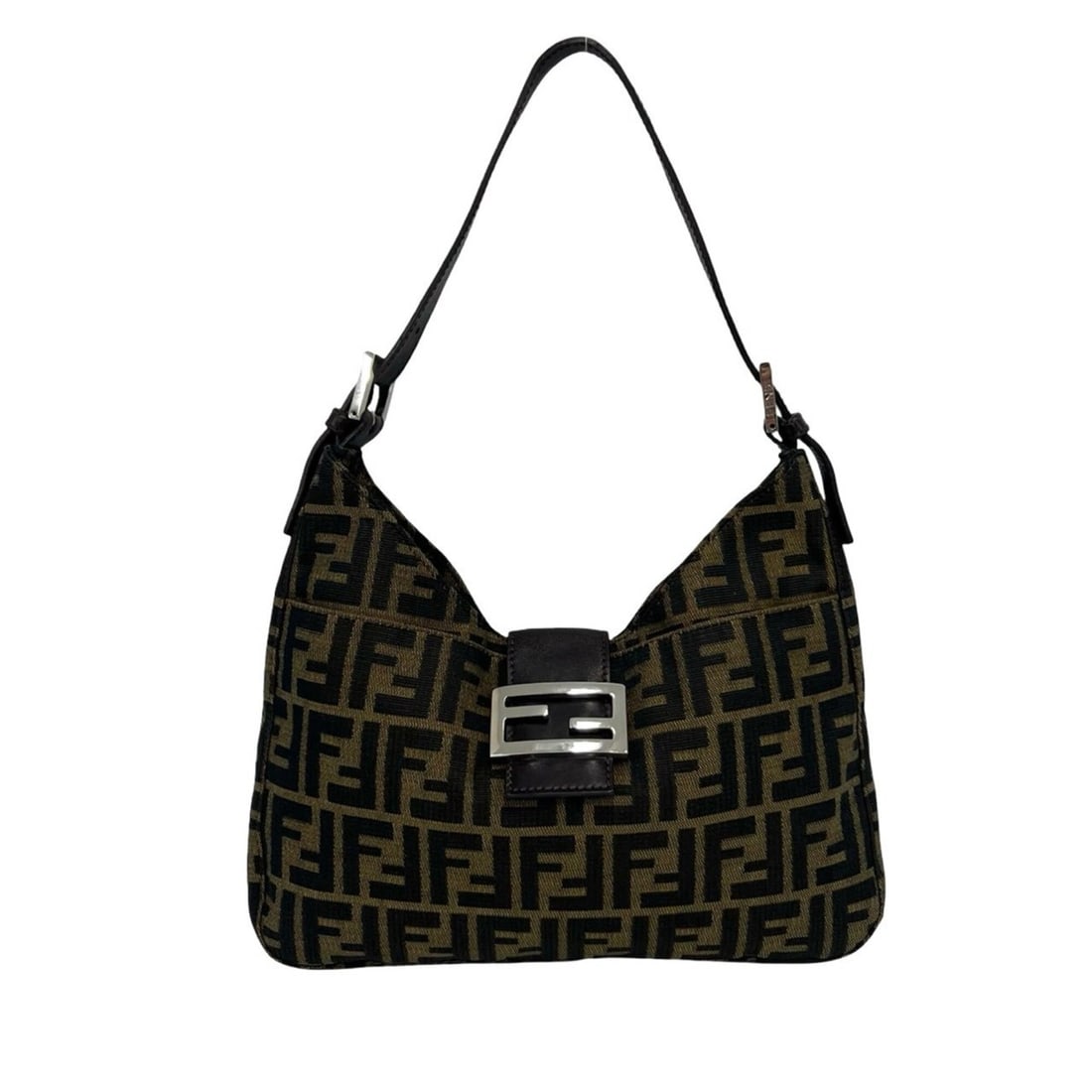 FENDI Zucca FF pattern logo hardware canvas leather genuine semi one shoulder bag brown black 99934: --- Catalog ---Category: SizeSize (HxWxD): 17cm x 28cm x 3.5cm / 6.69'' x 11.02'' x 1.37''Category: DesignType: Shoulder bagColor: Black, BrownGender: WomenMaterial: Canvas , Leather Category: General