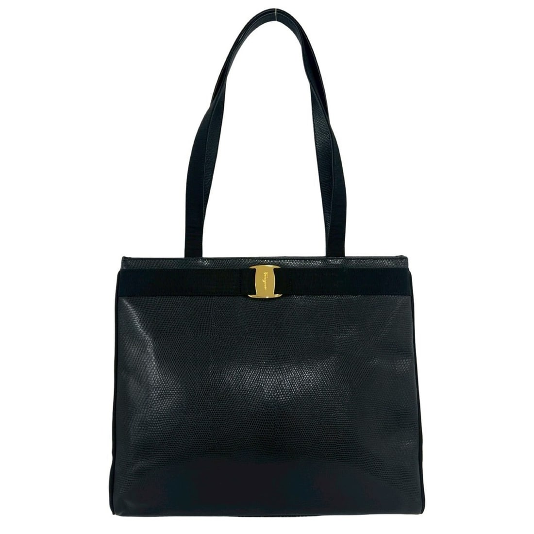 Salvatore Ferragamo Vara Ribbon Leather Tote Bag Business Black 59784: --- Catalog ---Category: SizeSize (HxWxD): 29cm x 34cm x 11.5cm / 11.41'' x 13.38'' x 4.52''Category: DesignType: Tote bagColor: BlackGender: WomenMaterial: Leather Category: GeneralBrand: Salvatore F