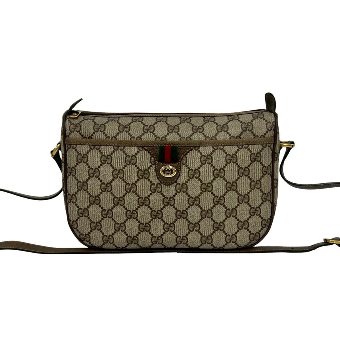 GUCCI Old Gucci Sherry Line GG Logo Pattern Leather Shoulder Bag/Pouch Brown 79572: --- Catalog ---Category: SizeSize (HxWxD): 19cm x 26cm x 9cm / 7.48'' x 10.23'' x 3.54''Category: DesignType: Pochette, Shoulder bagColor: Brown, Green, Red colorGender: WomenMaterial: Leather , PVC C