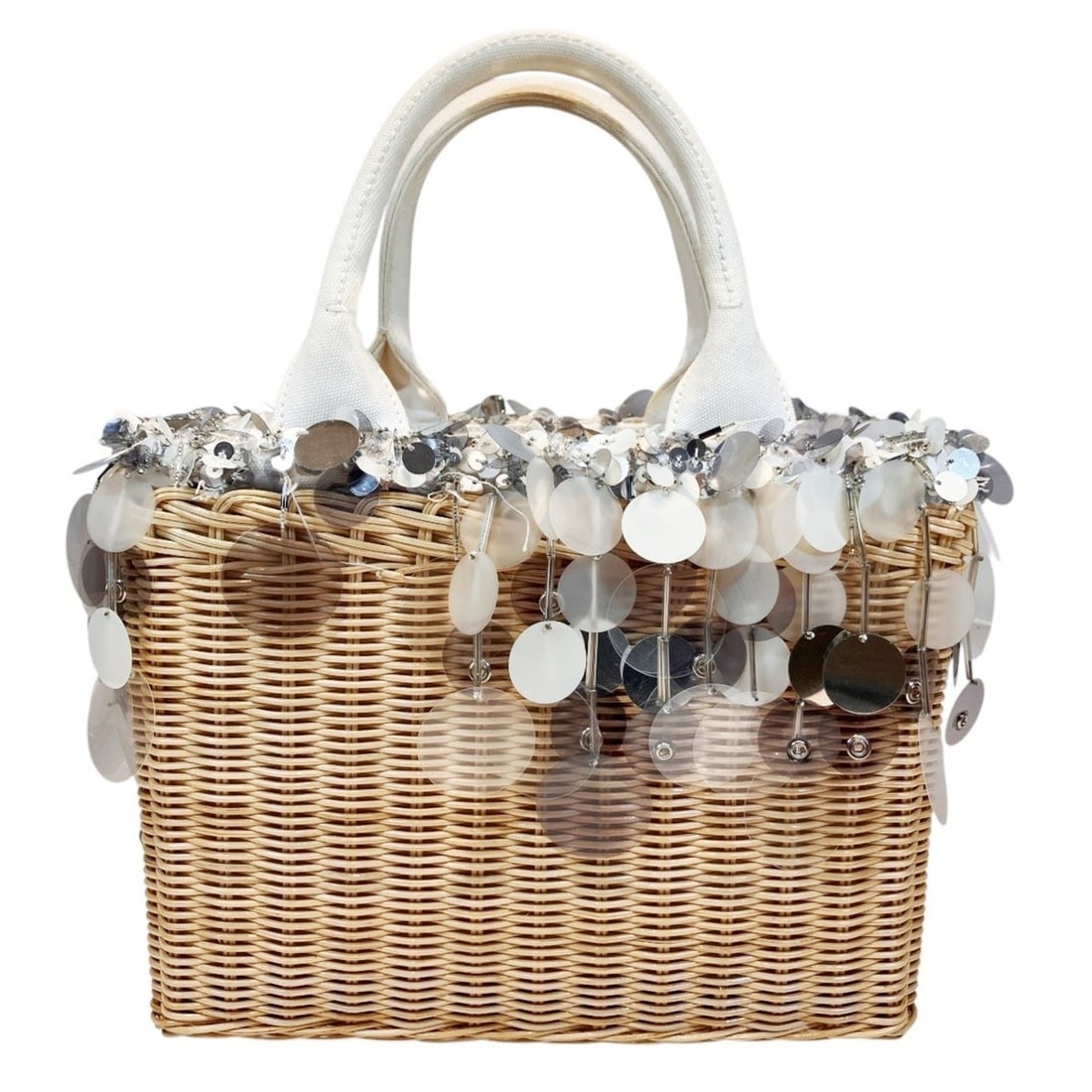 Prada wicker basket bag handbag rattan cotton sequin: --- Catalog ---Category: SizeHandle Drop: 12.50cm / 4.92''Size (HxWxD): 20cm x 26cm x 12.5cm / 7.87'' x 10.23'' x 4.92''Handle Length: 32cm / 12.59''Category: DesignType: HandbagColor: WhiteClosure: