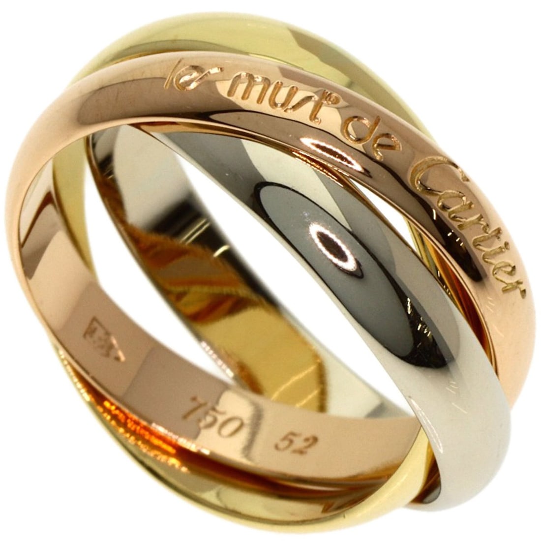 Cartier Trinity #52 Ring, 18K Yellow Gold/18K White Pink Gold, Women's, CARTIER: --- Catalog ---Category: SizeUS Size: 6.5Brand Size: 52Category: DesignType: Band ringColor: Pink gold, White gold, Yellow goldGender: WomenMaterial: Pink gold (18K), White gold (18K), Yellow gold (18