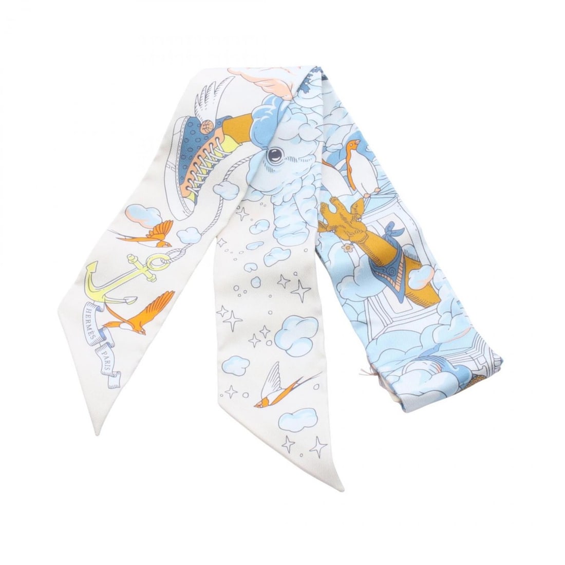 Hermes Twilly Sur Mon Nuage Ribbon Scarf Muffler Silk Women's White Blue Multicolor: --- Catalog ---Category: SizeSize (LxW): 85cm x 5cm / 33.46'' x 1.96''Category: DesignType: ScarfColor: Blue, Multi-color, WhiteGender: WomenMaterial: Silk Category: GeneralBrand: Hermes--- Item List 