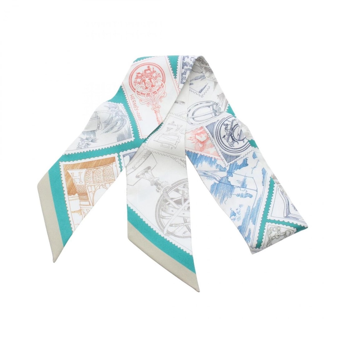 Hermes Twilly LE PHILATELISTE DU FAUBOURG Ribbon Scarf Muffler Silk Women's White Green Multicolor: --- Catalog ---Category: SizeSize (LxW): 85cm x 5cm / 33.46'' x 1.96''Category: DesignType: ScarfColor: Green, Multi-color, WhiteGender: WomenMaterial: Silk Category: GeneralBrand: Hermes--- Item List