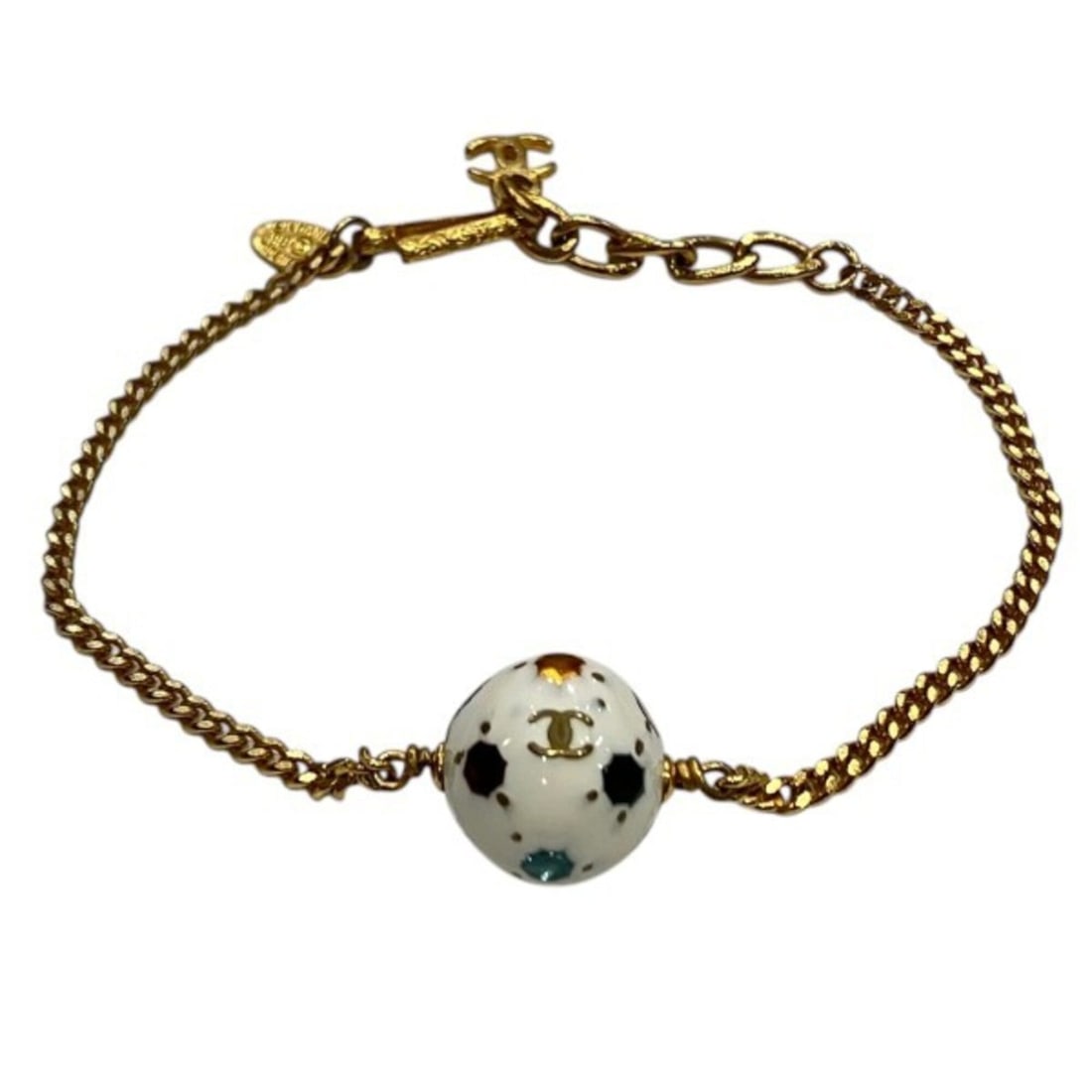 Chanel Coco Mark 98P Soccer Ball Brand Bracelet for Women: --- Catalog ---Category: SizeLength: 19cm / 7.48''Category: DesignType: Charm braceletColor: Gold, WhiteGender: WomenMaterial: Gold plating, ResinCategory: GeneralBrand: Chanel--- Item List ---Section