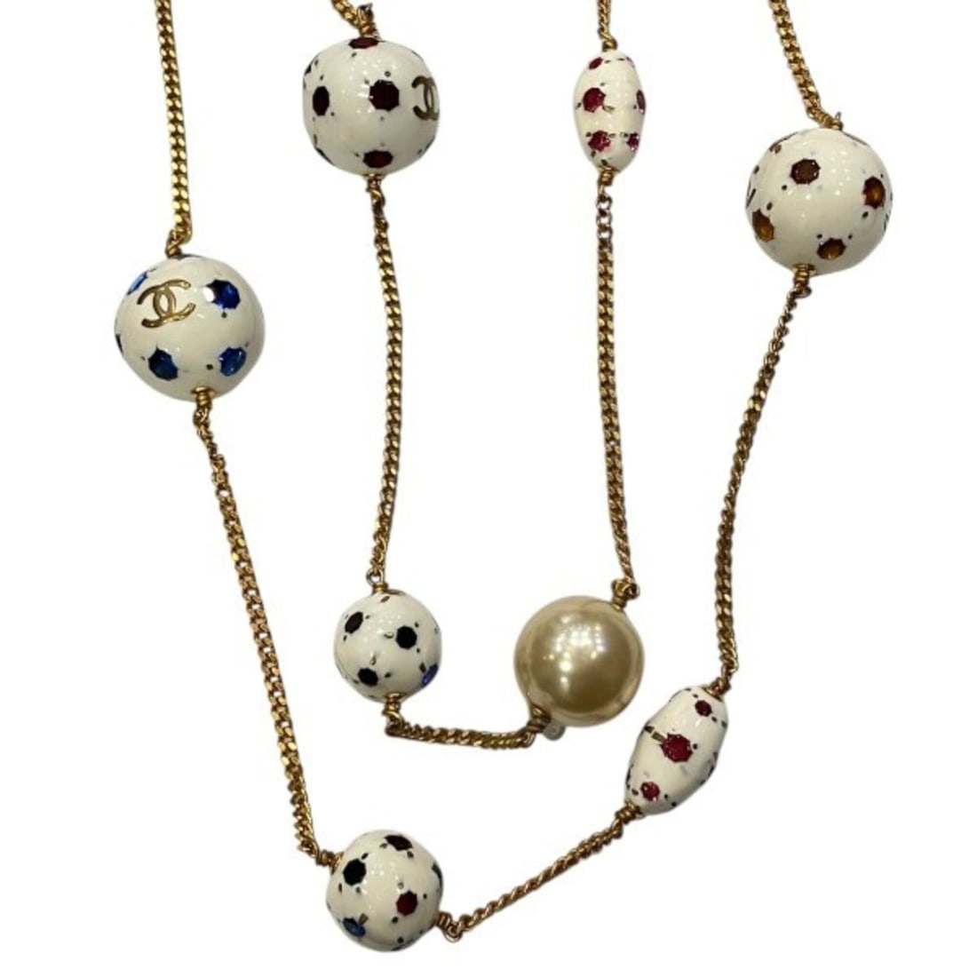 Chanel Coco Mark 98P Soccer Ball Faux Pearl Long Necklace - Brand Accessories for Women: --- Catalog ---Category: SizeNeck Circumference: 120 cm / 47.24''Category: DesignColor: Gold, WhiteStone: Artificial pearlGender: WomenMaterial: Gold plating, ResinNecklace Type: NecklaceCategory: Gen