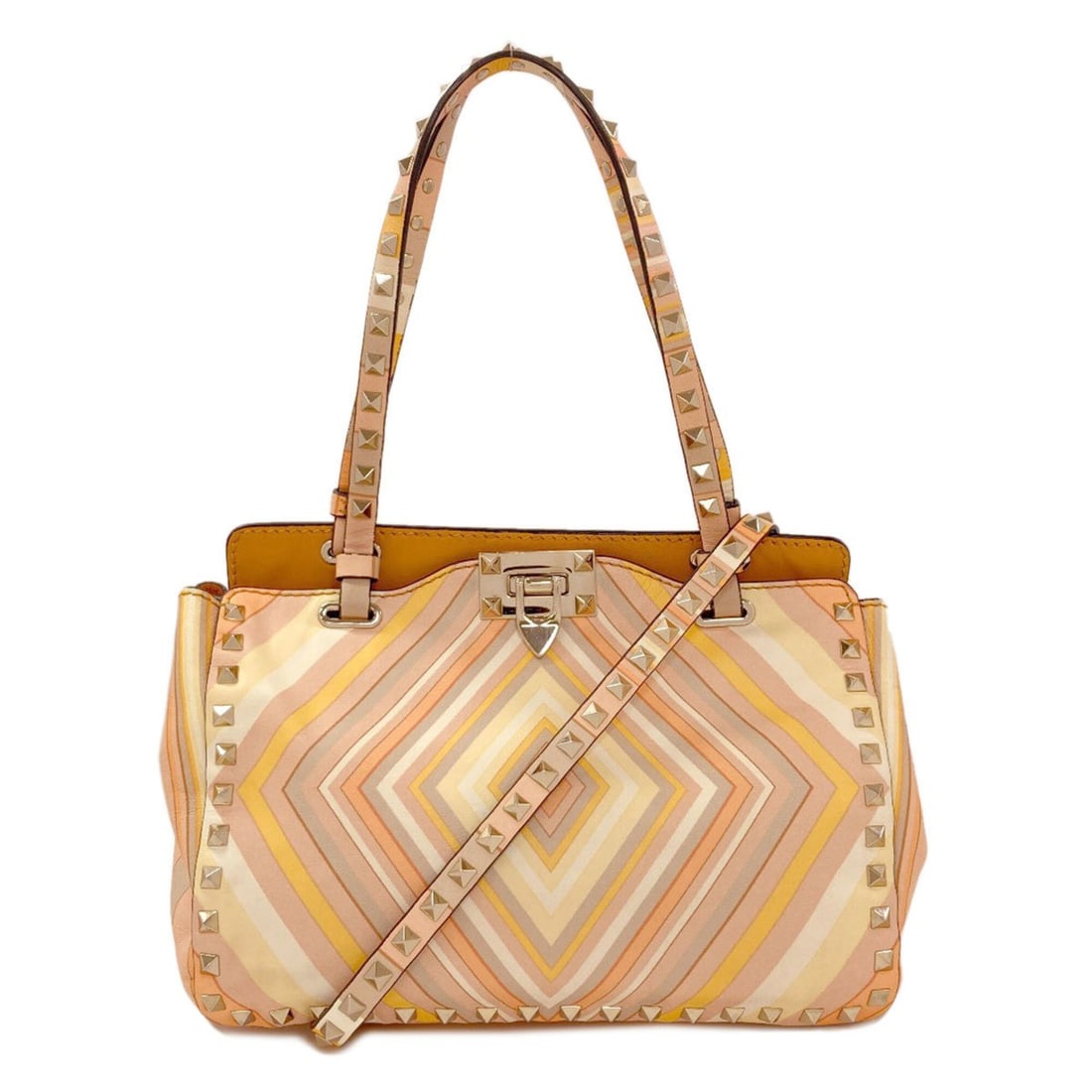 Valentino Studded 2-Way Leather Handbag for Women: --- Catalog ---Category: SizeSize (HxWxD): 21cm x 40cm x 10cm / 8.26'' x 15.74'' x 3.93''Category: DesignType: HandbagColor: OrangeGender: WomenMaterial: Leather Category: GeneralBrand: Unspecified---
