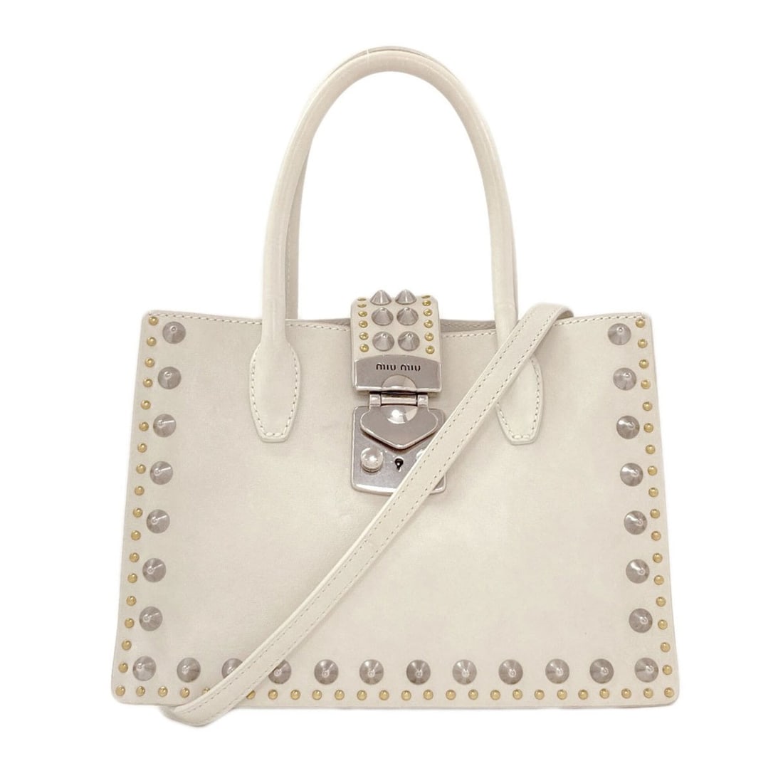 Miu Miu Miu Studded 2-Way Handbag, Calfskin, Women's: --- Catalog ---Category: SizeSize (HxWxD): 17cm x 24cm x 8cm / 6.69'' x 9.44'' x 3.14''Strap Length: 106cm - 116cm / 41.73'' - 45.66''Handle Length: 30cm / 11.81''Category: DesignType: HandbagColor: W