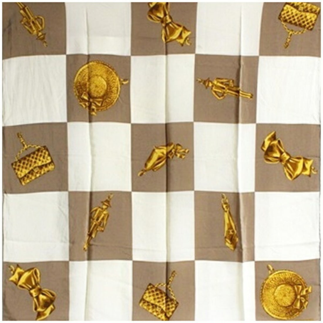Chanel Silk Scarf Muffler Beige x Off-White CHANEL Women's: --- Catalog ---Category: SizeSize (LxW): 84cm x 80cm / 33.07'' x 31.49''Category: DesignType: ScarfColor: Beige, Off-whiteGender: Men,WomenMaterial: Silk Category: GeneralBrand: Chanel--- Item List --