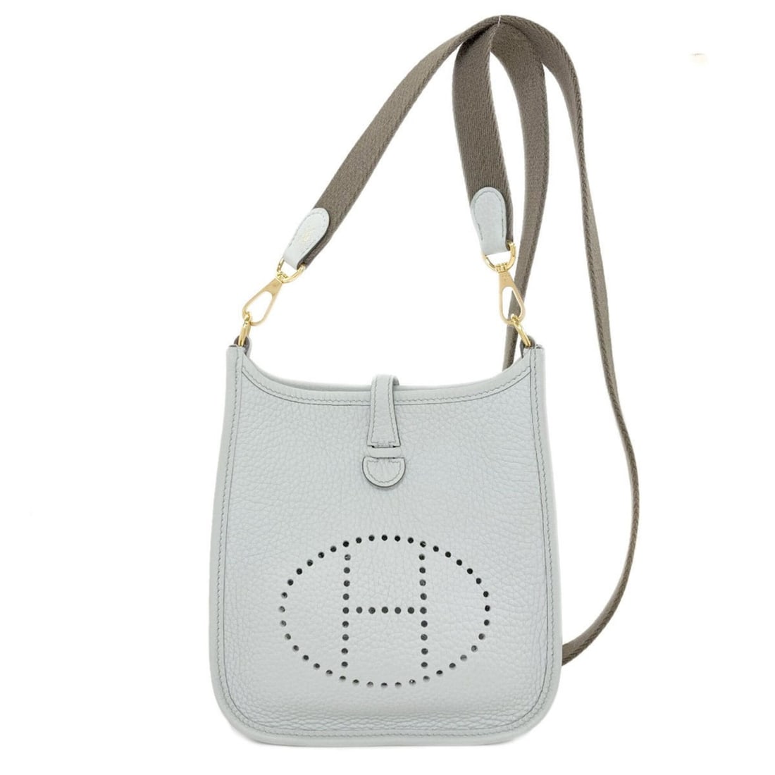 Hermes Evelyne TPM Shoulder Bag, Pale Blue, Gold Hardware, Taurillon Leather, Women's: --- Catalog ---Category: SizeSize (HxWxD): 20cm x 17cm x 5.5cm / 7.87'' x 6.69'' x 2.16''Category: DesignType: Shoulder bagGender: WomenCategory: GeneralBrand: Hermes--- Item List ---Section: Conditio