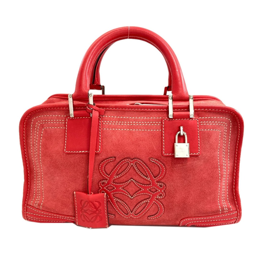 Loewe Amazona Suede Handbag for Women: --- Catalog ---Category: SizeSize (HxWxD): 17cm x 29cm x 13cm / 6.69'' x 11.41'' x 5.11''Category: DesignType: HandbagColor: Red colorGender: WomenMaterial: Suede Category: GeneralBrand: Loewe--- Item