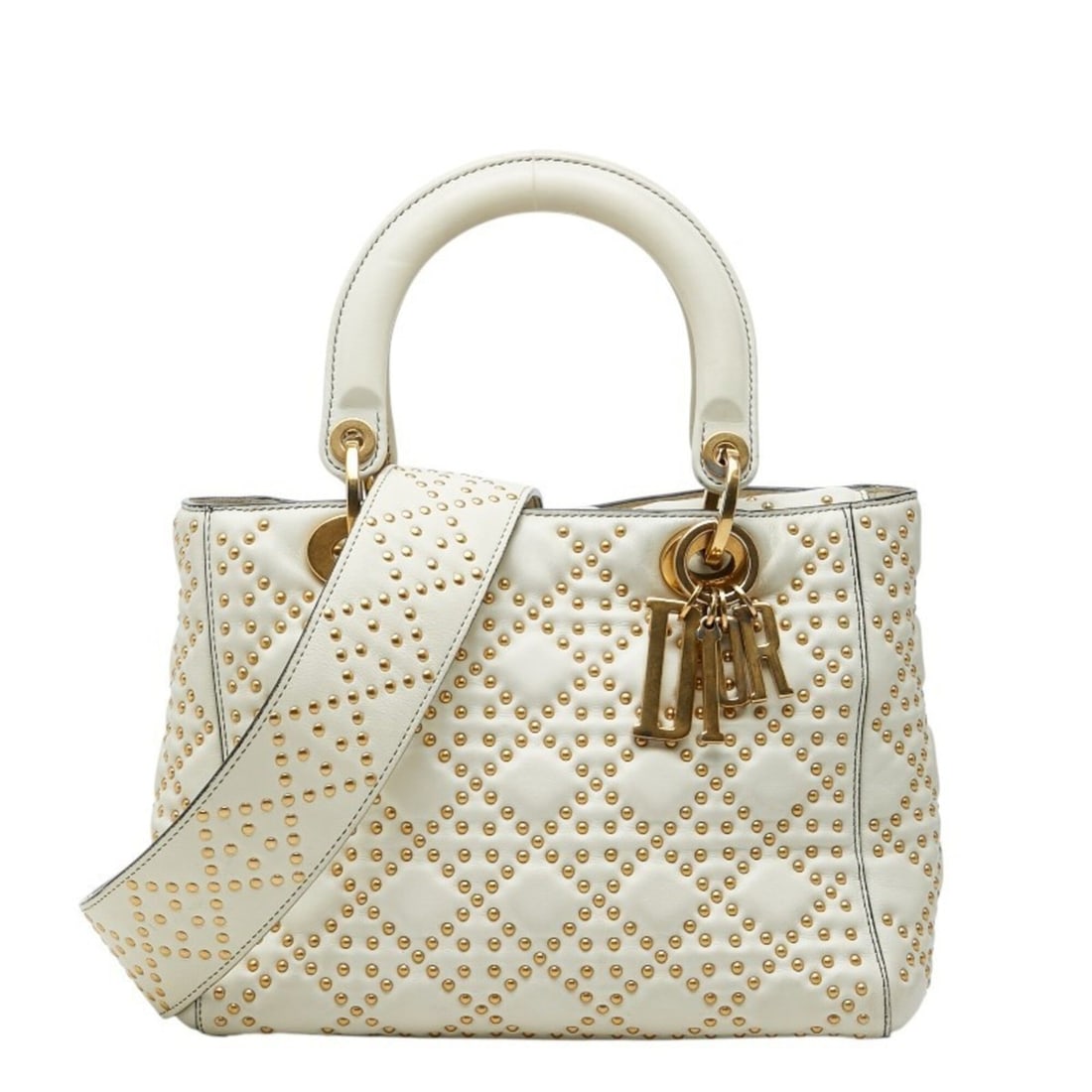 Christian Dior Dior Cannage Lady Studded Handbag Shoulder Bag 2-Way White Gold Leather Women's: --- Catalog ---Category: SizeSize (HxWxD): 19.5cm x 23.5cm x 12cm / 7.67'' x 9.25'' x 4.72''Category: DesignType: Handbag, Shoulder bagColor: WhiteGender: WomenMaterial: Leather Category: GeneralBrand