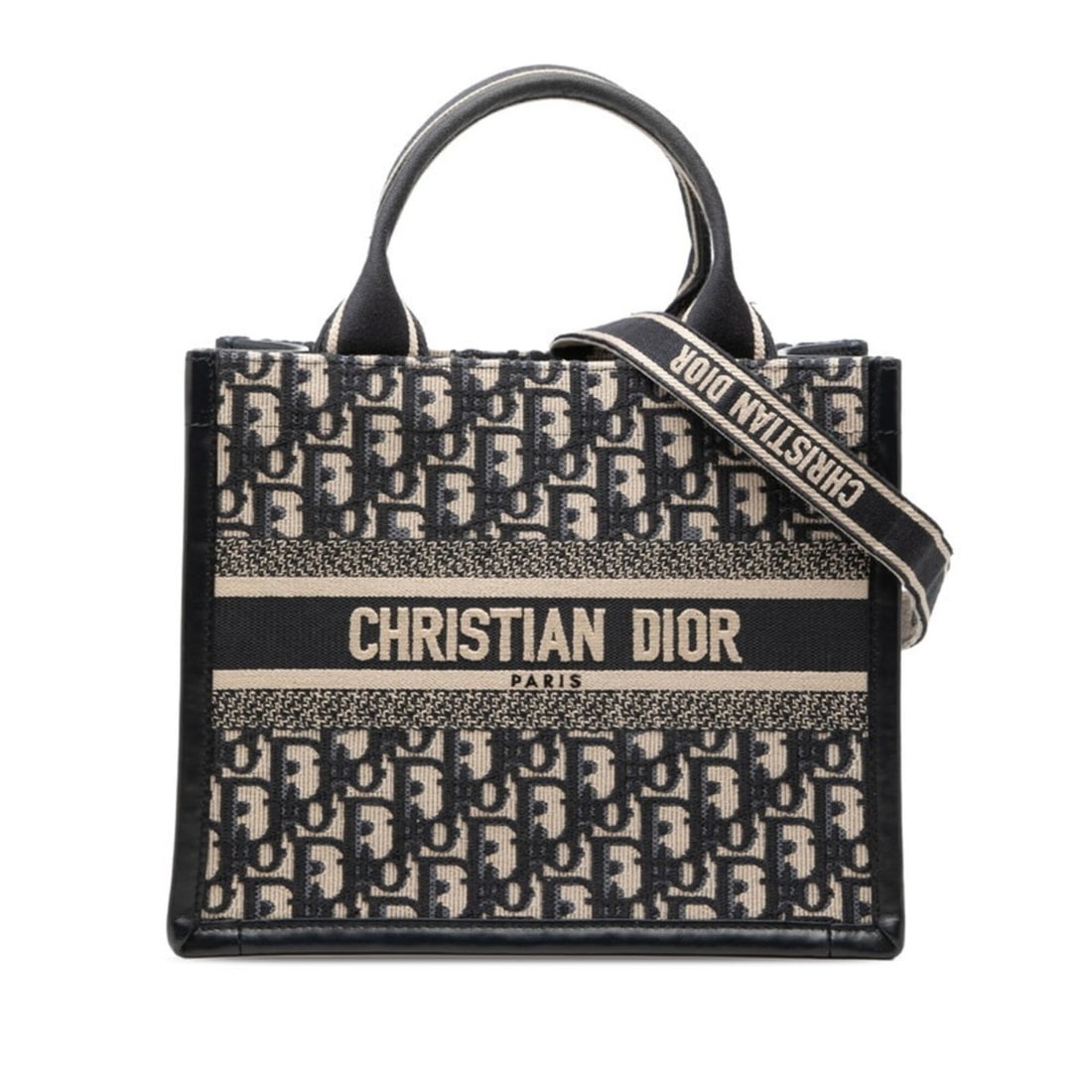 Christian Dior Dior Oblique Book Tote Small Handbag Shoulder Bag 2-Way Navy Beige Canvas Leather (1 of 10)