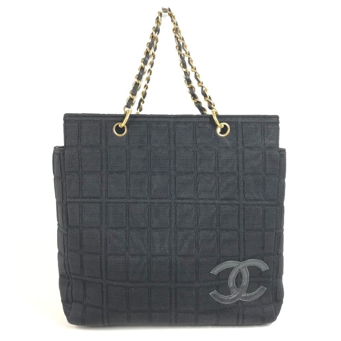 CHANEL CC Coco Mark Logo Chocolate Bar Tote Bag, Double Chain, Chain Shoulder Cotton Leather, Men's: --- Catalog ---Category: SizeSize (HxWxD): 29.5cm x 30.5cm x 14cm / 11.61'' x 12'' x 5.51''Category: DesignType: Shoulder bag, Tote bagColor: BlackGender: Men,Women,UnisexMaterial: Cotton , Leather Ha