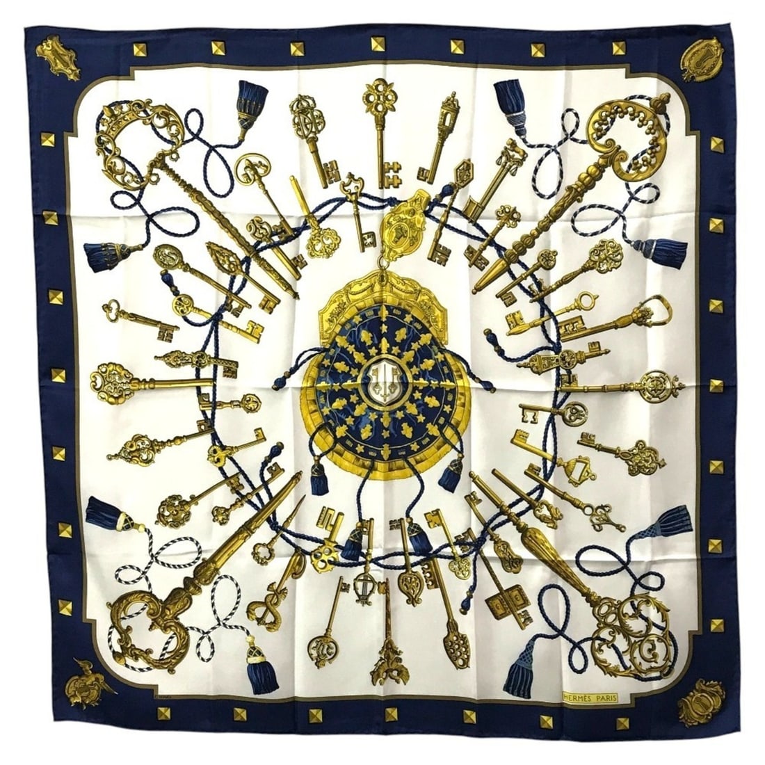 HERMES Les Cles Keys Carre 90 Scarf/Muffler, Silk, Men's/Women's, Blue, Like New: --- Catalog ---Category: SizeSize (LxW): 90cm x 90cm / 35.43'' x 35.43''Category: DesignType: ScarfColor: Blue, White, YellowShape: SquareGender: Men,Women,UnisexMaterial: Silk Category: GeneralBrand: