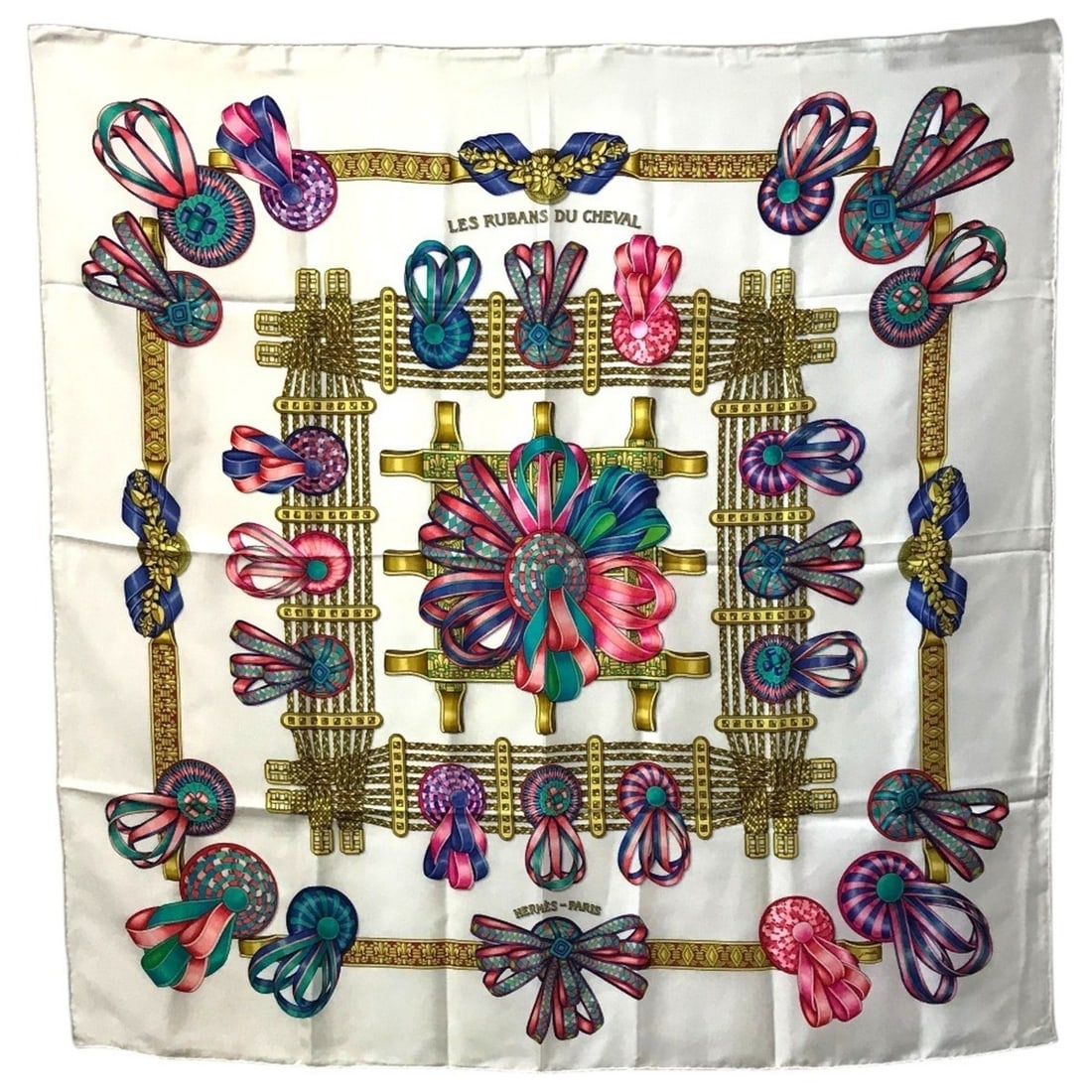 HERMES Les Rubans du Cheval (Horse Ribbon Design) Carre 90 Scarf/Muffler, Silk, White, Like New (1 of 12)
