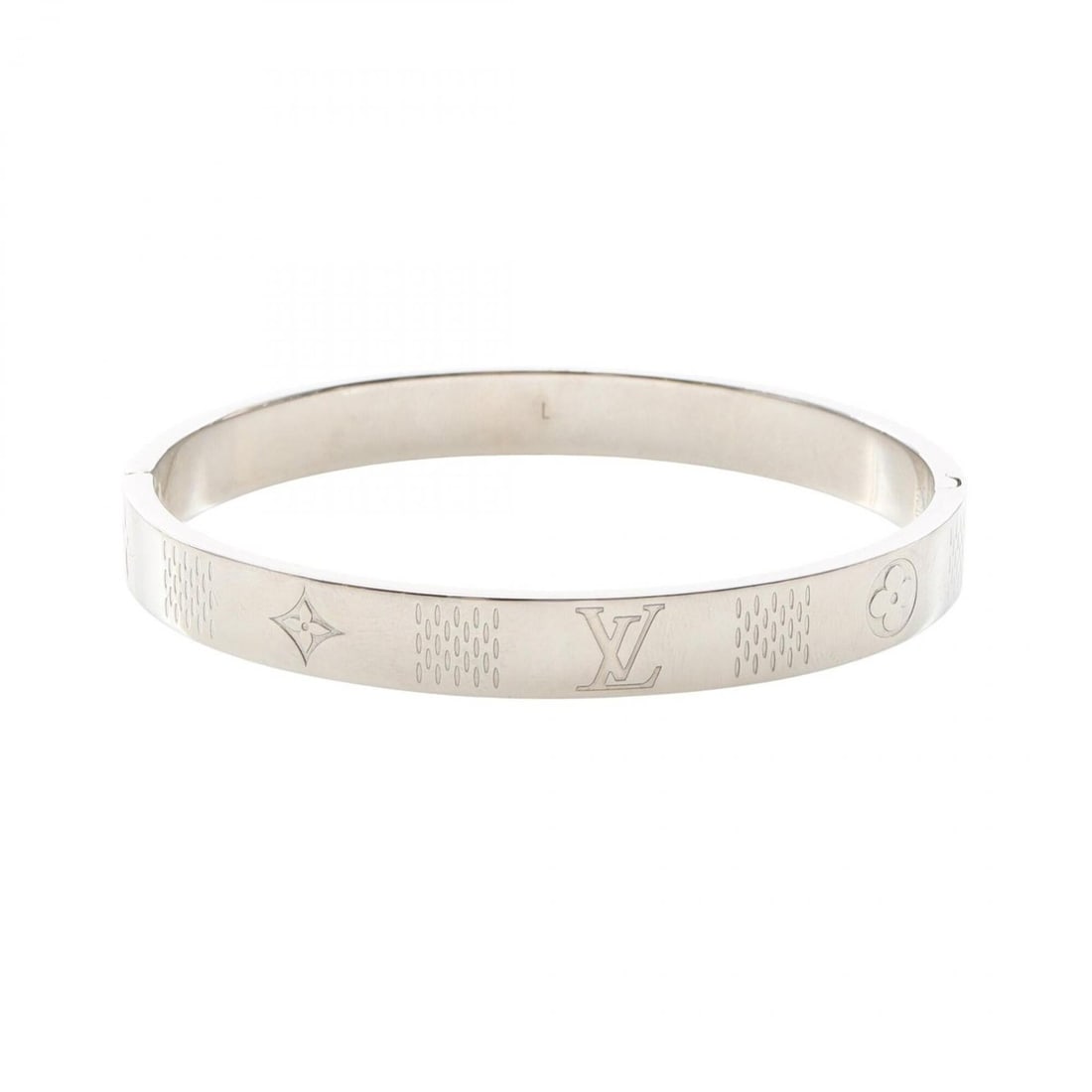 Louis Vuitton Damier Staple Bangle, Stainless Steel, Women's, Silver Tone, M1387L: --- Catalog ---Category: DesignType: BangleColor: SilverGender: WomenMaterial: Stainless steelCategory: GeneralMPN: M1387LBrand: Louis Vuitton--- Item List ---Section: ConditionRanking: Rank A Used - 