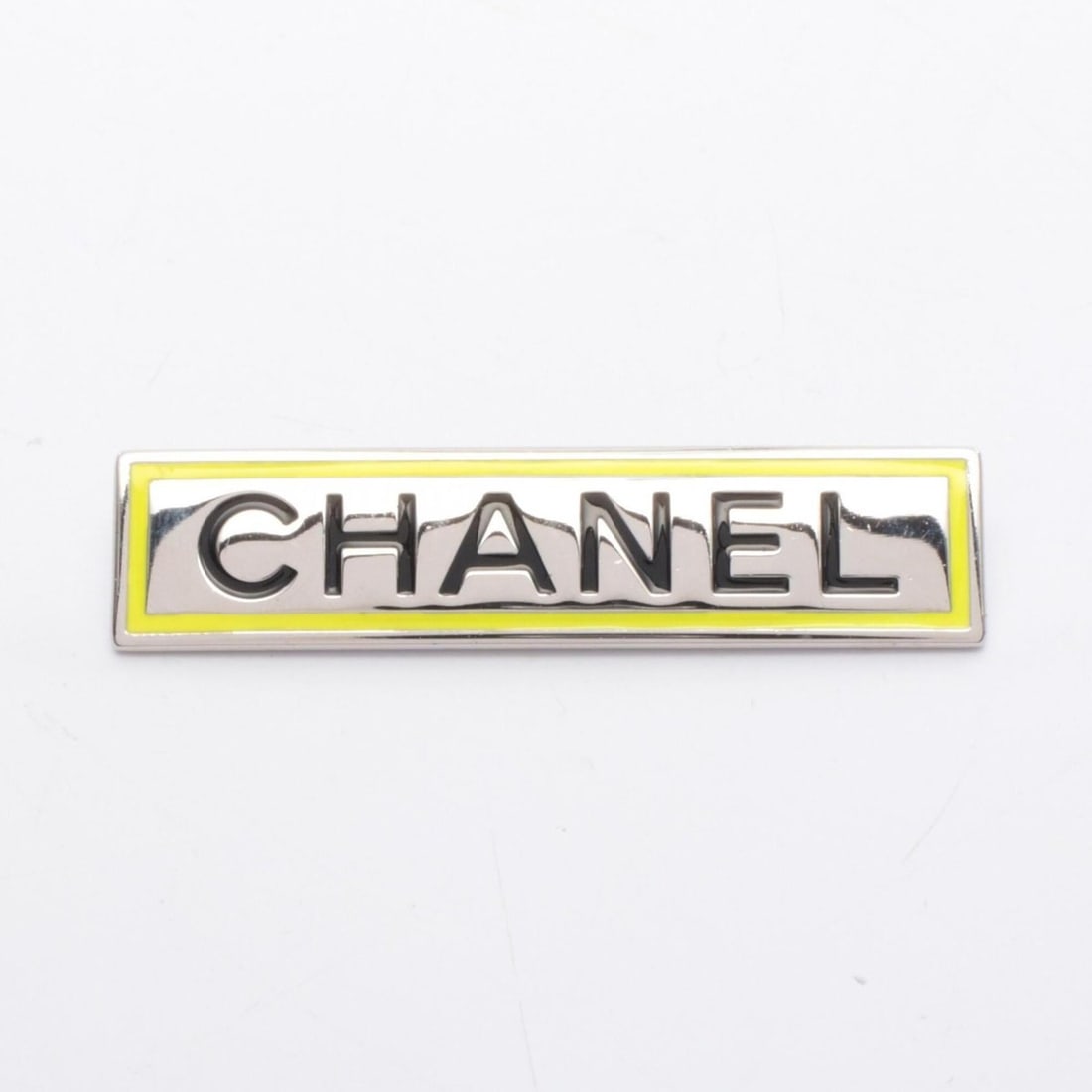 Chanel logo plate brooch accessory, stainless steel, women's, silver/yellow tones. (1 of 11)