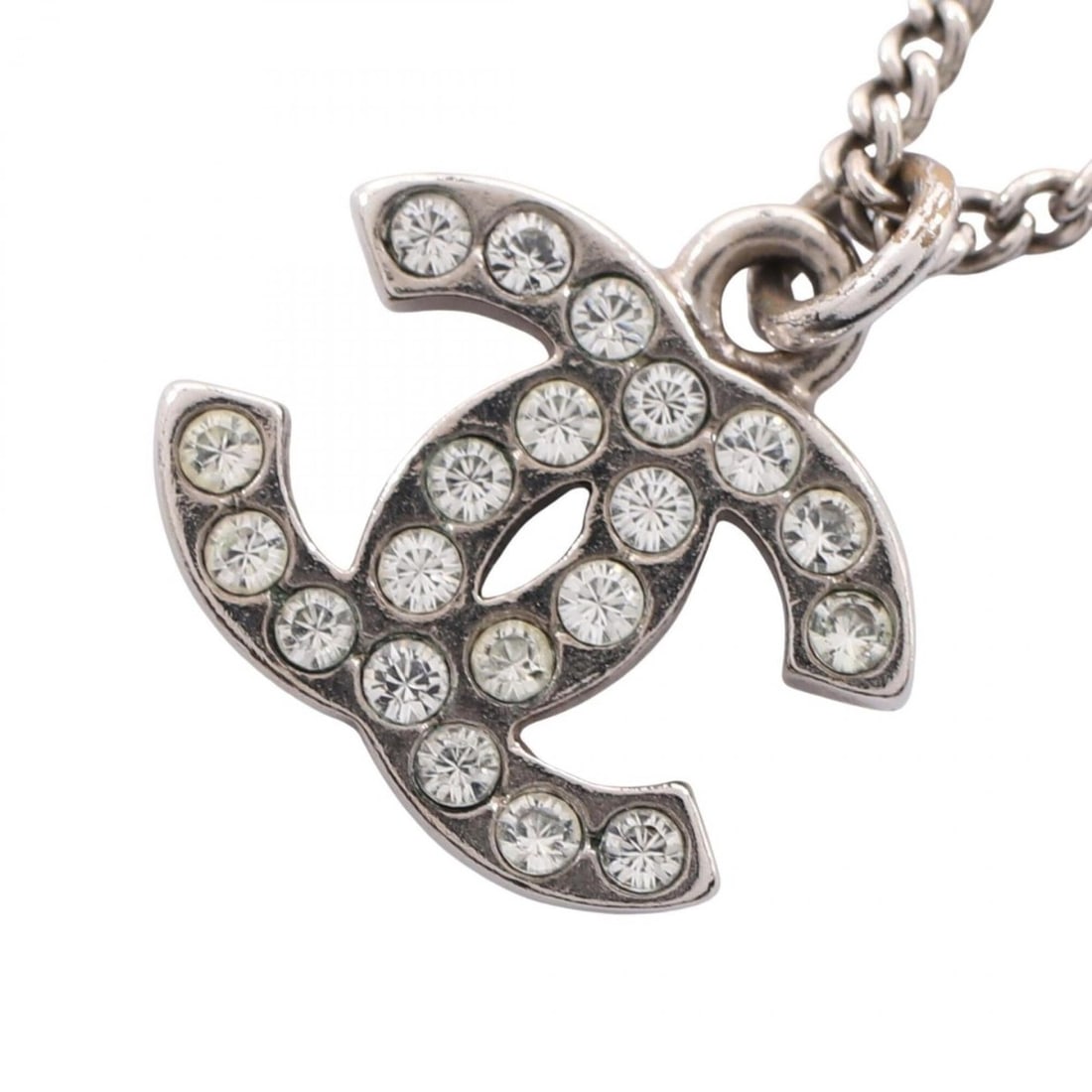 Chanel Coco Mark Necklace, Stainless Steel with Rhinestones, Women's, Silver/Clear Tones: --- Catalog ---Category: SizePendant Size: 11mm x 15mm / 0.43'' x 0.59''Neck Circumference: 43.5 cm / 17.12''Category: DesignColor: Clear, SilverGender: WomenMaterial: Rhinestone, Stainless steelNeckl