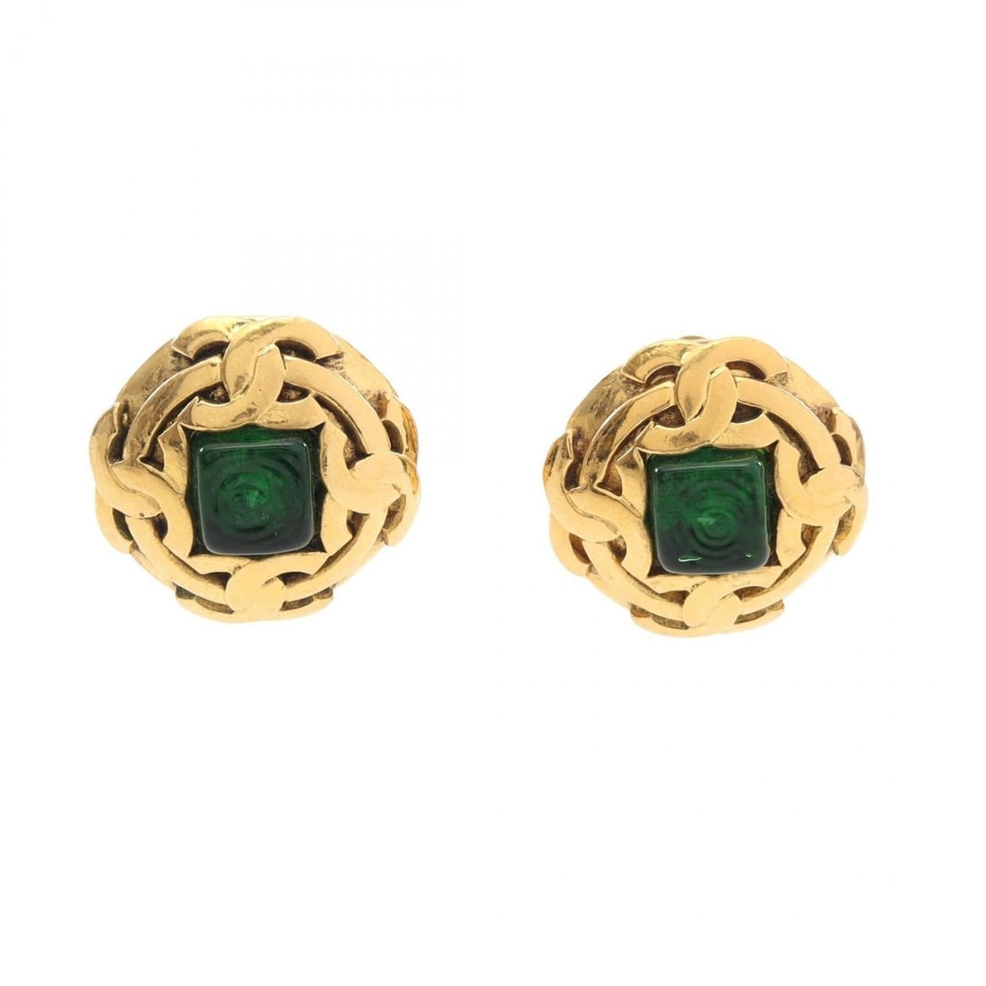 Chanel Coco Mark Gripoix Earrings, Gold Plated Glass Women's, Gold/Green Tones (1 of 9)