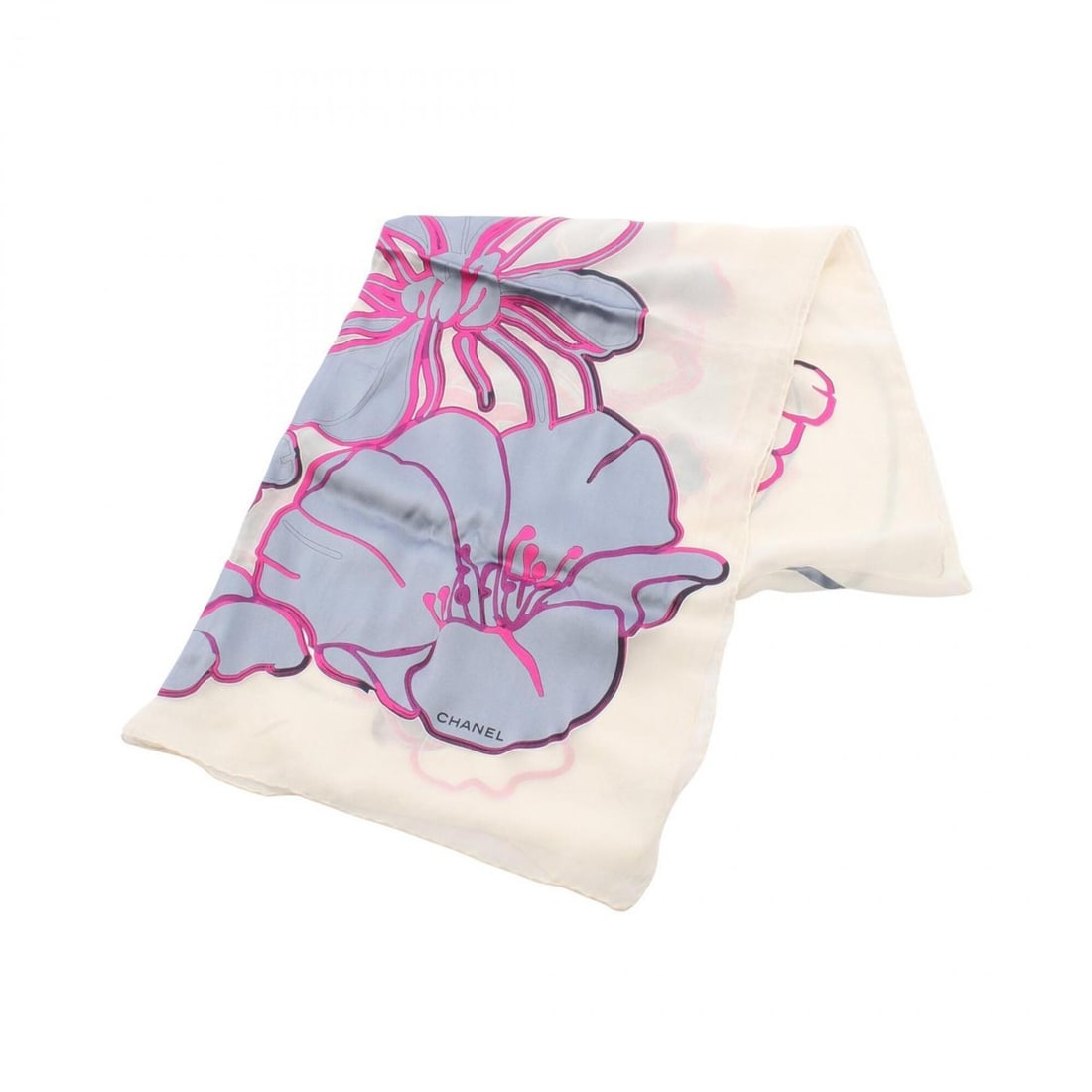 Chanel Coco Mark Camellia Stole, Silk, Viscose, Women's, White, Blue, Pink: --- Catalog ---Category: SizeSize (LxW): 1.76m x 64cm / 69.29'' x 25.19''Category: DesignType: ScarfColor: Blue, Pink, WhiteGender: WomenMaterial: Silk , Viscose Category: GeneralBrand: Chanel--- Item