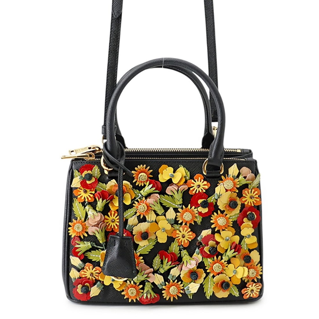 Prada Galleria Flower Saffiano Handbag, 2-way Shoulder Bag, Black. (1 of 20)