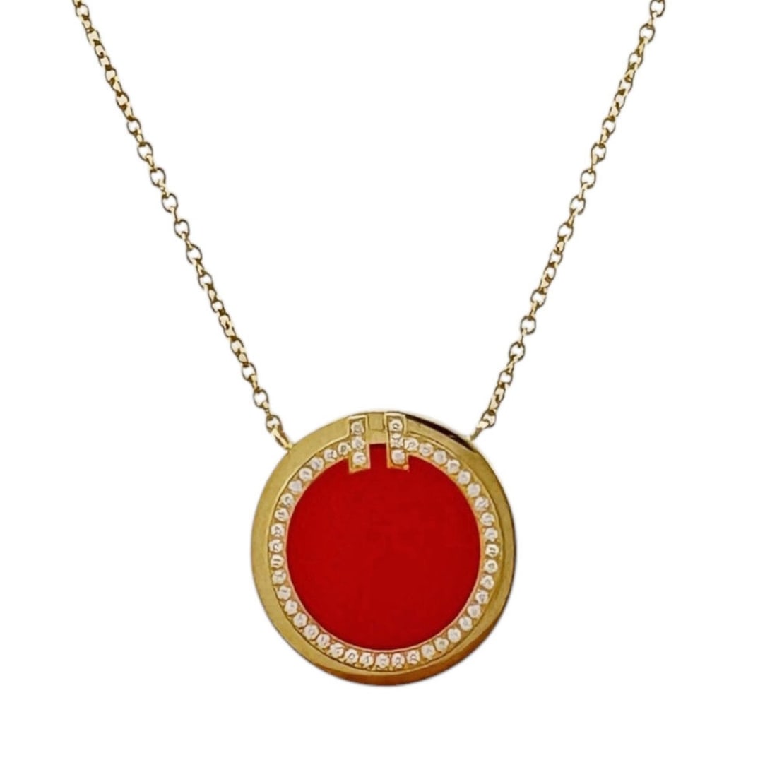 Tiffany & Co. T-Circle Pendant Necklace, 18K Yellow Gold, Carnelian, Diamond, Women's.: --- Catalog ---Category: SizePendant Size: 15.5mm x 15.5mm / 0.61'' x 0.61''Neck Circumference: 46 cm / 18.11''Category: DesignColor: GoldGender: WomenMaterial: Yellow gold (18K)Necklace Type: