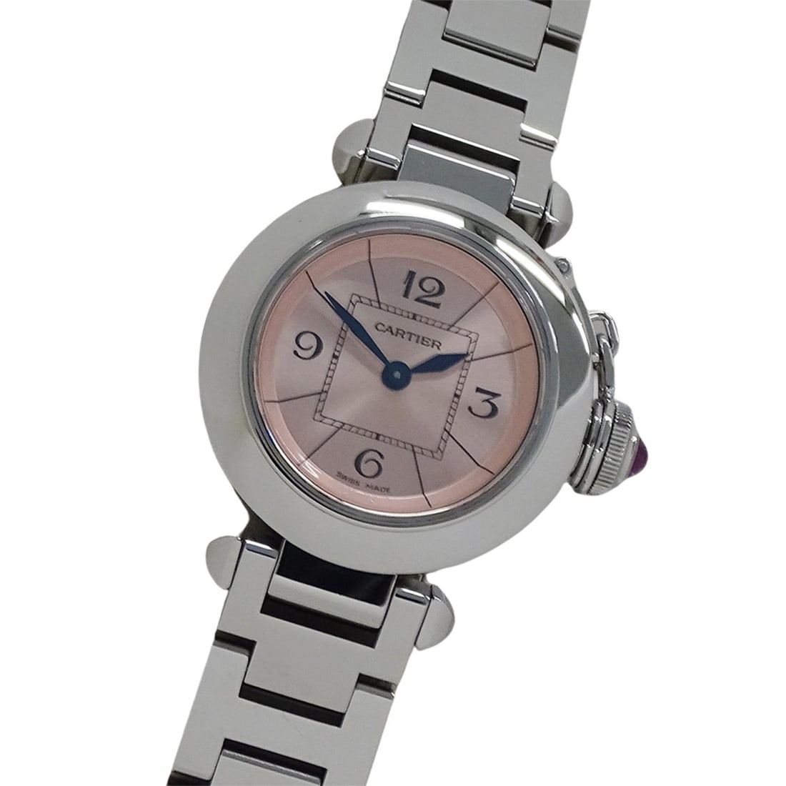 Cartier Miss Pasha Quartz Watch for Women, Stainless Steel (SS) W3140008, Silver/Pink Round Case.: --- Catalog ---Category: SizeWrist Size: 16cm / 6.29''Case Diameter: 27mm / 1.06''Category: DesignType: WristwatchGender: WomenColor (Dial): PinkMaterial (Band): Stainless steelMaterial (Case): Stainl