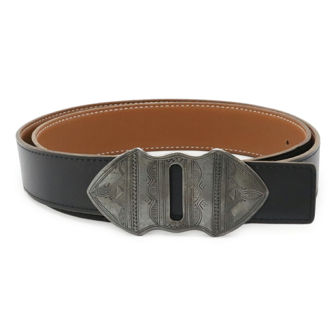HERMES Touareg Belt, Reversible Leather, Sterling Silver 925, Black/Light Brown, #95, ?E Stamp: --- Catalog ---Category: SizeWidth: 3.1cm / 1.22''Length: 86.5cm - 96.5cm / 34.05'' - 37.99''Category: DesignType: Standard beltColor: Black, Light brownGender: MenMaterial (Strap): Leather Material (
