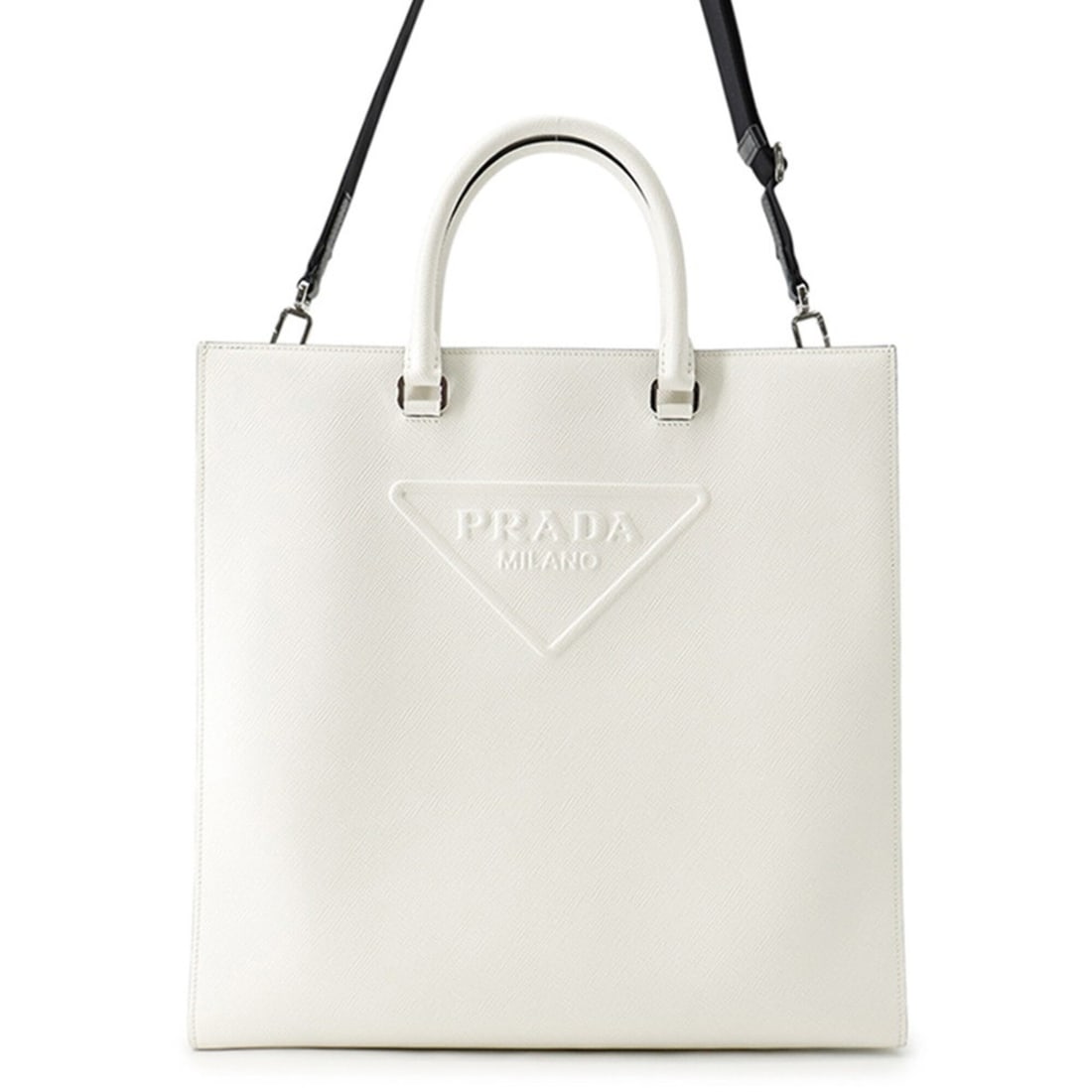 Prada Triangle Embossed Saffiano Tote Bag 2VG084 PRADA 2-way Shoulder White Handbag: --- Catalog ---Category: SizeWeight: 1.13kg / 2.49lb.Size (HxWxD): 35cm x 36.5cm x 9cm / 13.77'' x 14.37'' x 3.54''Strap Length: 96cm - 117cm / 37.79'' - 46.06''Category: DesignType: Handbag, Shoulder