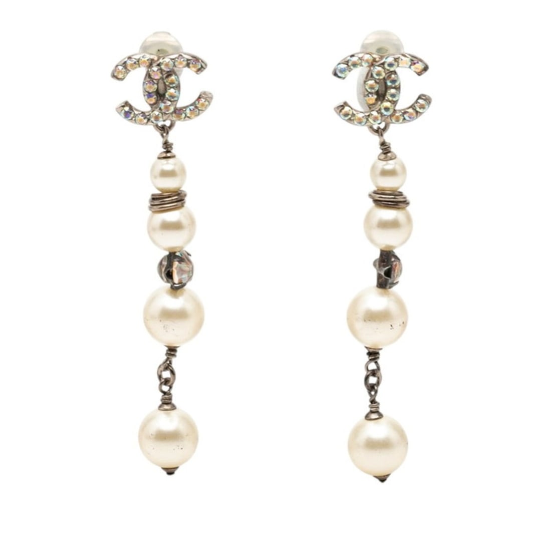 Chanel Coco Mark 4-strand Pearl Earrings, 17K Stamped, Silver Metal, Faux Rhinestones, Women's (1 of 20)