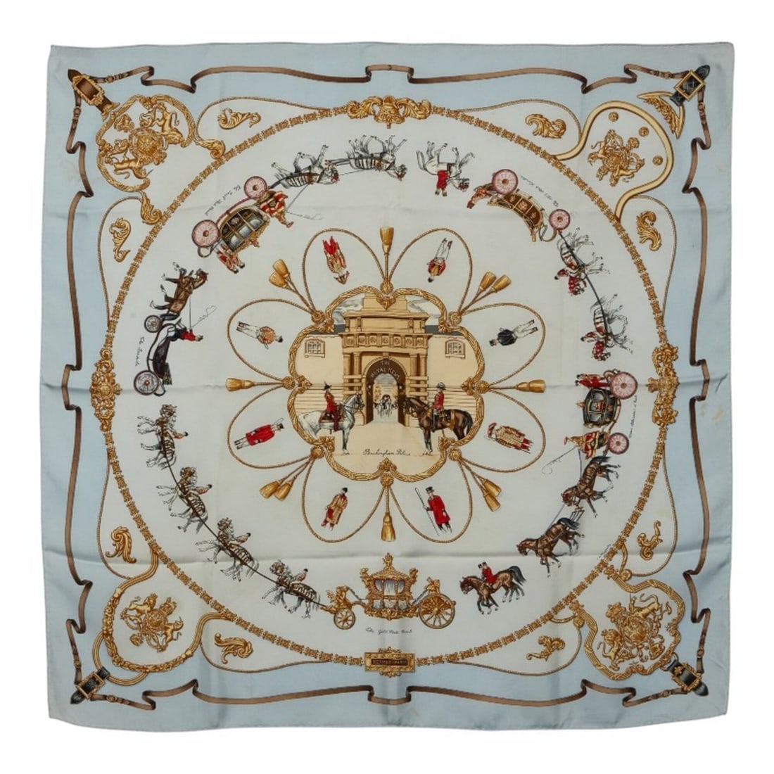 Hermes Carre 90 THE ROYAL MEWS (Royal Stables) Scarf/Muffler, Light Blue, Silk, Women's. (1 of 15)