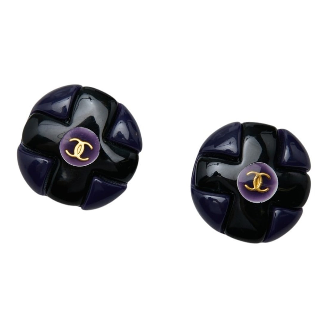 Chanel Vintage Coco Mark Earrings, Black, Gold, Navy Plated Plastic, Women's CHANEL (1 of 10)