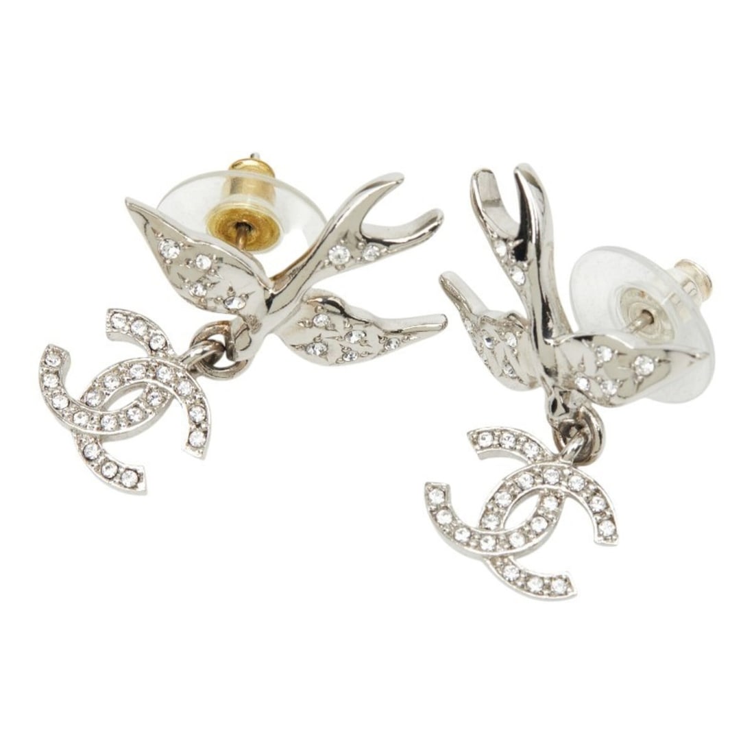 Chanel stud earrings, swinging bird design, silver metal with crystal, for women.: --- Catalog ---Category: SizeSize (HxWxD): 29.70mm x 23.40mm / 1.17'' x 0.92''Category: DesignType: Stud earringsColor: SilverStone: CrystalGender: WomenMaterial: MetalCategory: GeneralBrand: Chanel--
