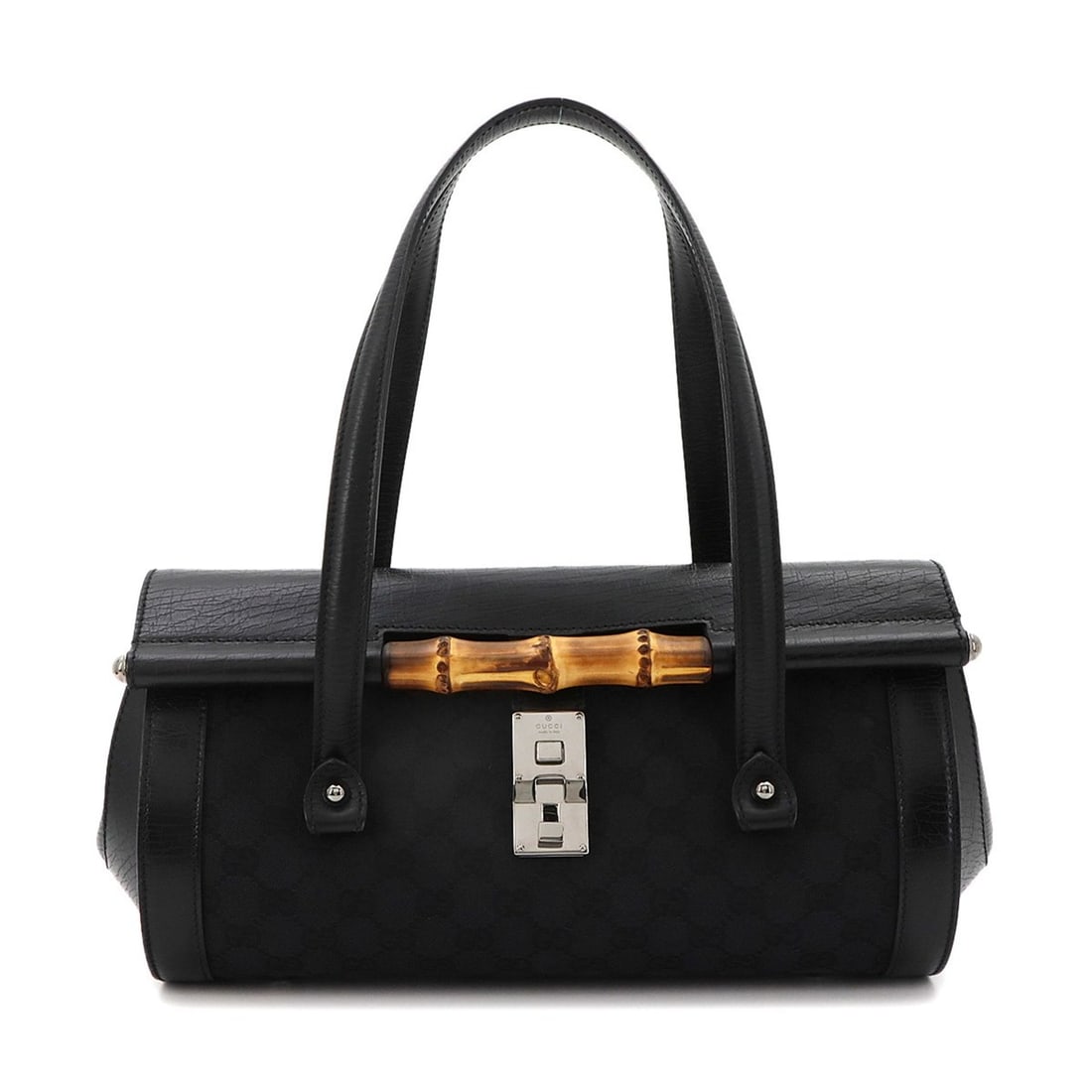 Gucci Bamboo Handbag, GG Canvas Leather, Black, 111713, Silver Hardware.: --- Catalog ---Category: SizeSize (HxWxD): 18cm x 32.5cm x 14.5cm / 7.08'' x 12.79'' x 5.7''Category: DesignType: HandbagColor: BlackGender: WomenMaterial: Leather , GG canvas Category: GeneralBrand: 