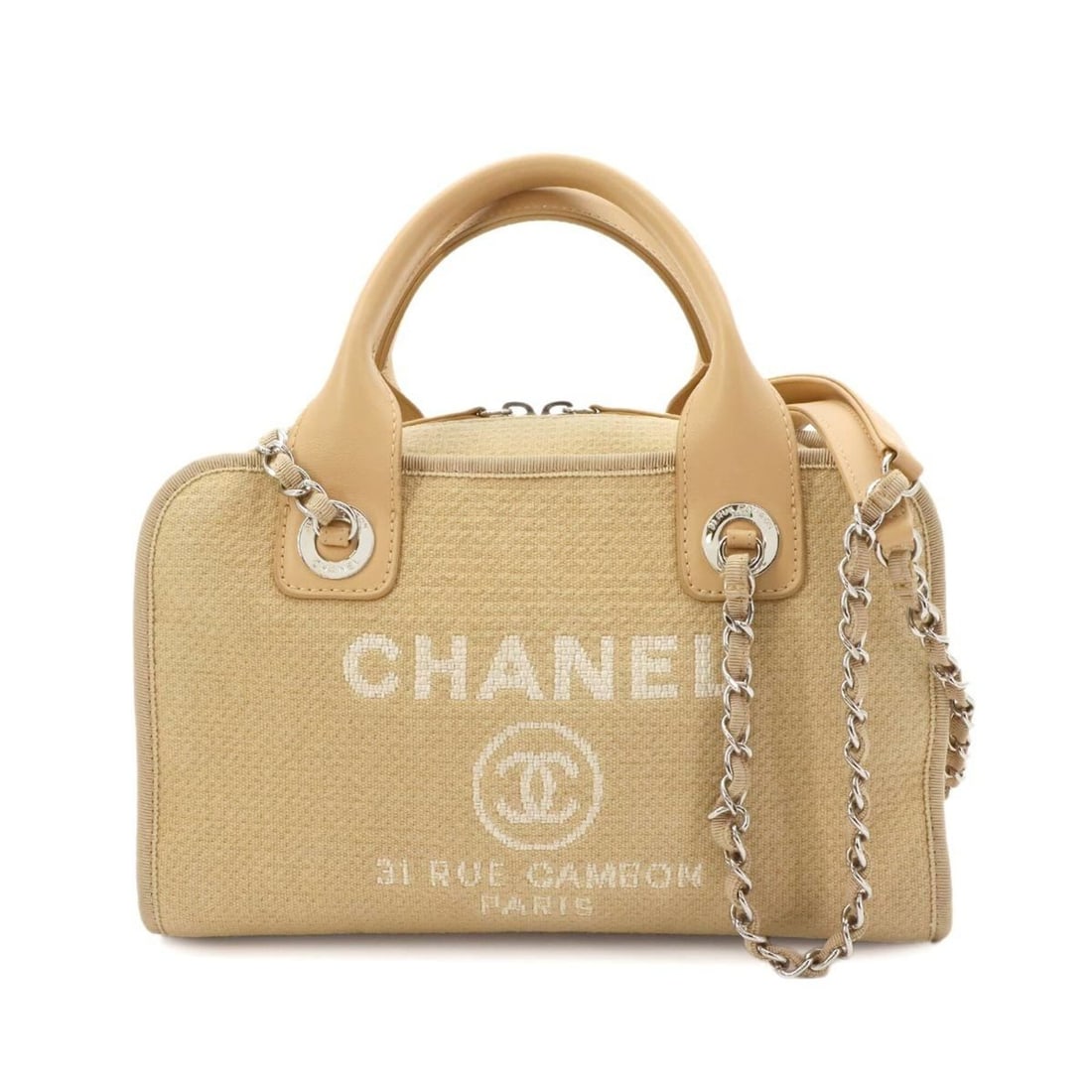 Chanel Deauville Bowling 2-way Handbag Chain Shoulder Canvas Leather Beige A92749: --- Catalog ---Category: SizeSize (HxWxD): 17cm x 27cm x 12cm / 6.69'' x 10.62'' x 4.72''Category: DesignType: Handbag, Shoulder bagColor: Beige, WhiteGender: WomenMaterial: Canvas , Leather Category: