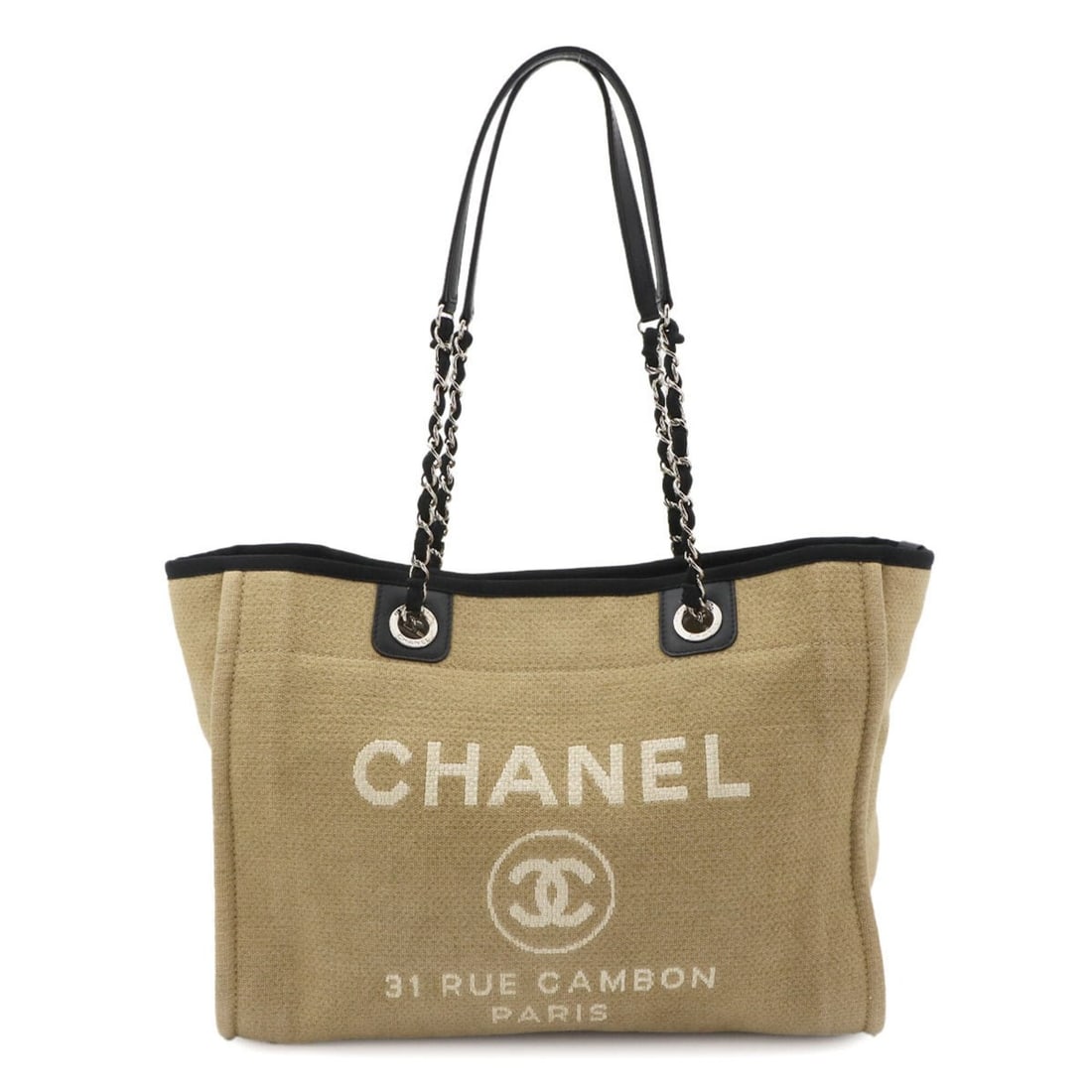 Chanel Deauville MM Chain Tote Handbag, Canvas and Leather, Beige Black, A67001 (1 of 11)