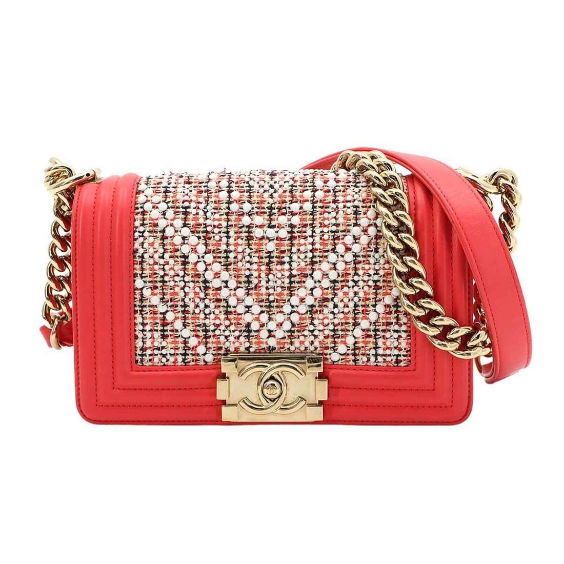 Chanel Boy Small Chain Shoulder Handbag, Tweed Leather, Pink & White, A67085 Bag: --- Catalog ---Category: SizeSize (HxWxD): 12.5cm x 20cm x 6cm / 4.92'' x 7.87'' x 2.36''Category: DesignType: Handbag, Shoulder bagColor: Pink, WhiteGender: WomenMaterial: Tweed , Leather Category: G
