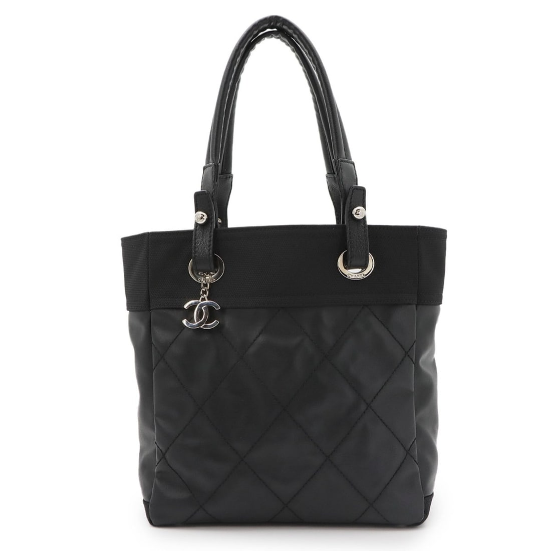 Chanel Paris Biarritz PM Tote Handbag, Nylon and Leather, Black, A34208, Silver Hardware: --- Catalog ---Category: SizeSize (HxWxD): 26.5cm x 25cm x 11cm / 10.43'' x 9.84'' x 4.33''Category: DesignType: Handbag, Tote bagColor: BlackMaterial: Nylon , PVC , Leather Category: GeneralMPN: A342