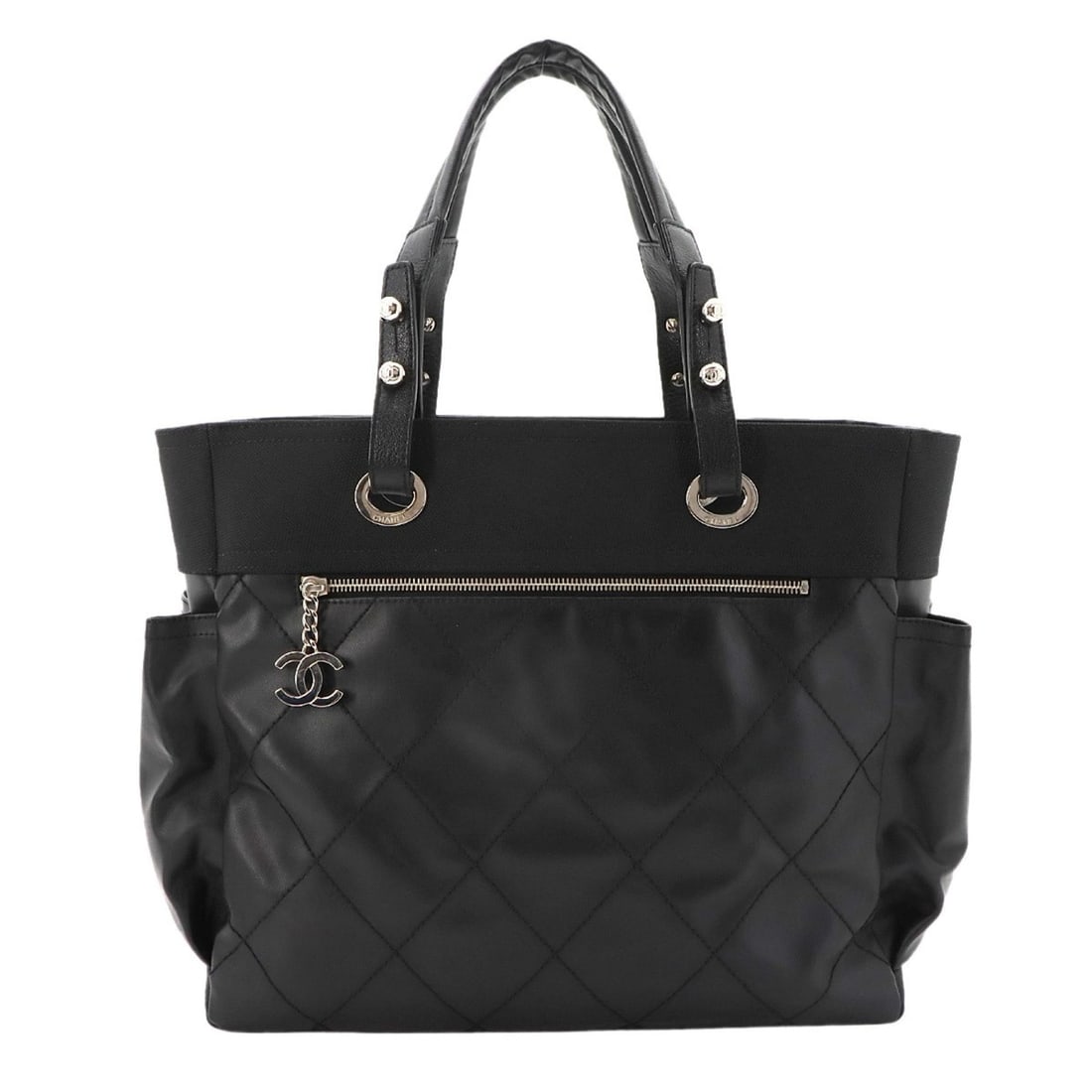 Chanel Paris Biarritz GM Tote Handbag, Nylon Leather, Black, A34210: --- Catalog ---Category: SizeSize (HxWxD): 30cm x 35cm x 14.5cm / 11.81'' x 13.77'' x 5.7''Category: DesignType: Handbag, Tote bagColor: BlackGender: WomenMaterial: Nylon , PVC , Leather Category: Gen